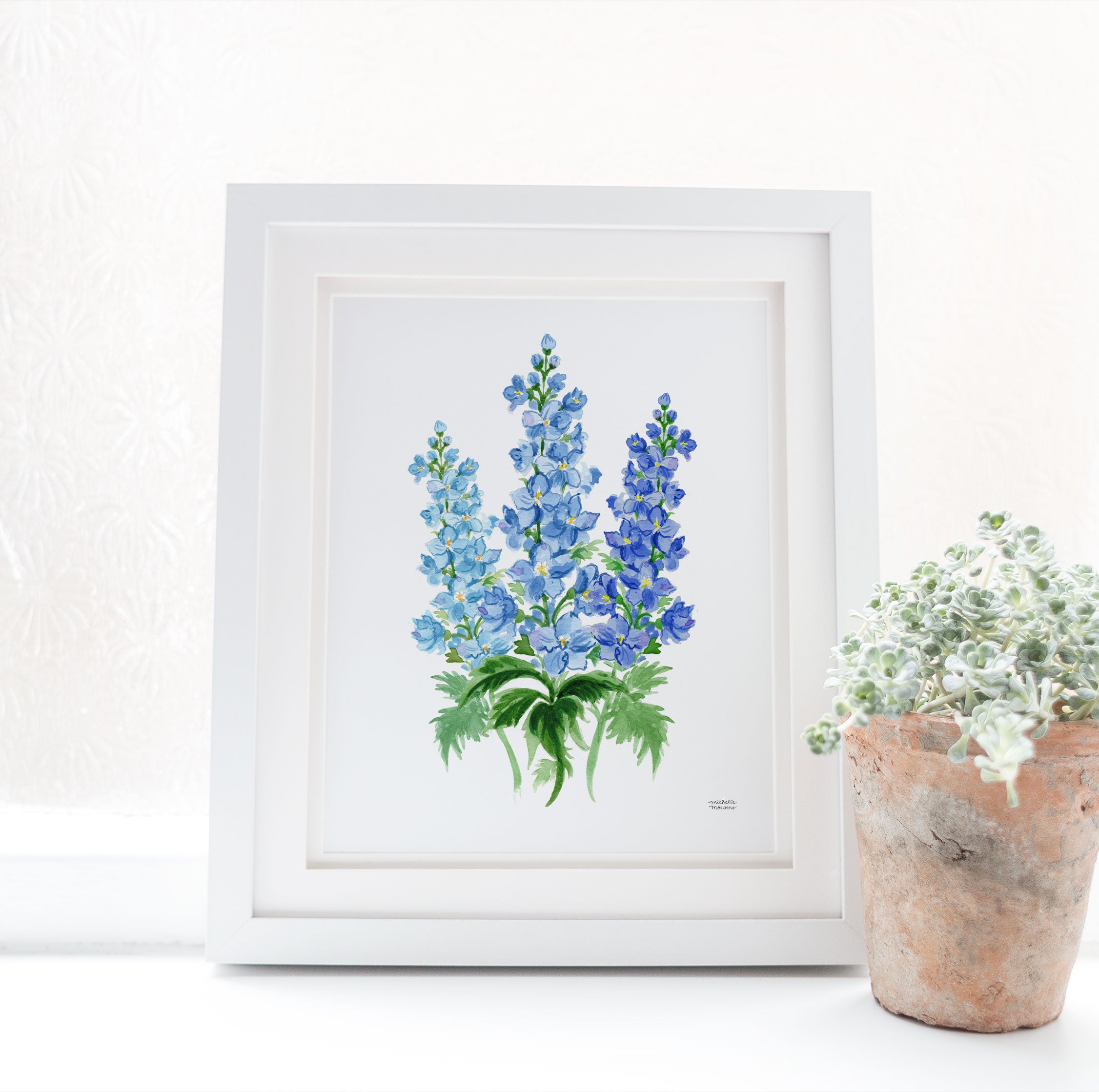 Blue Delphinium Flowers Botanical Floral Watercolor Wall Art Print by Michelle Mospens
