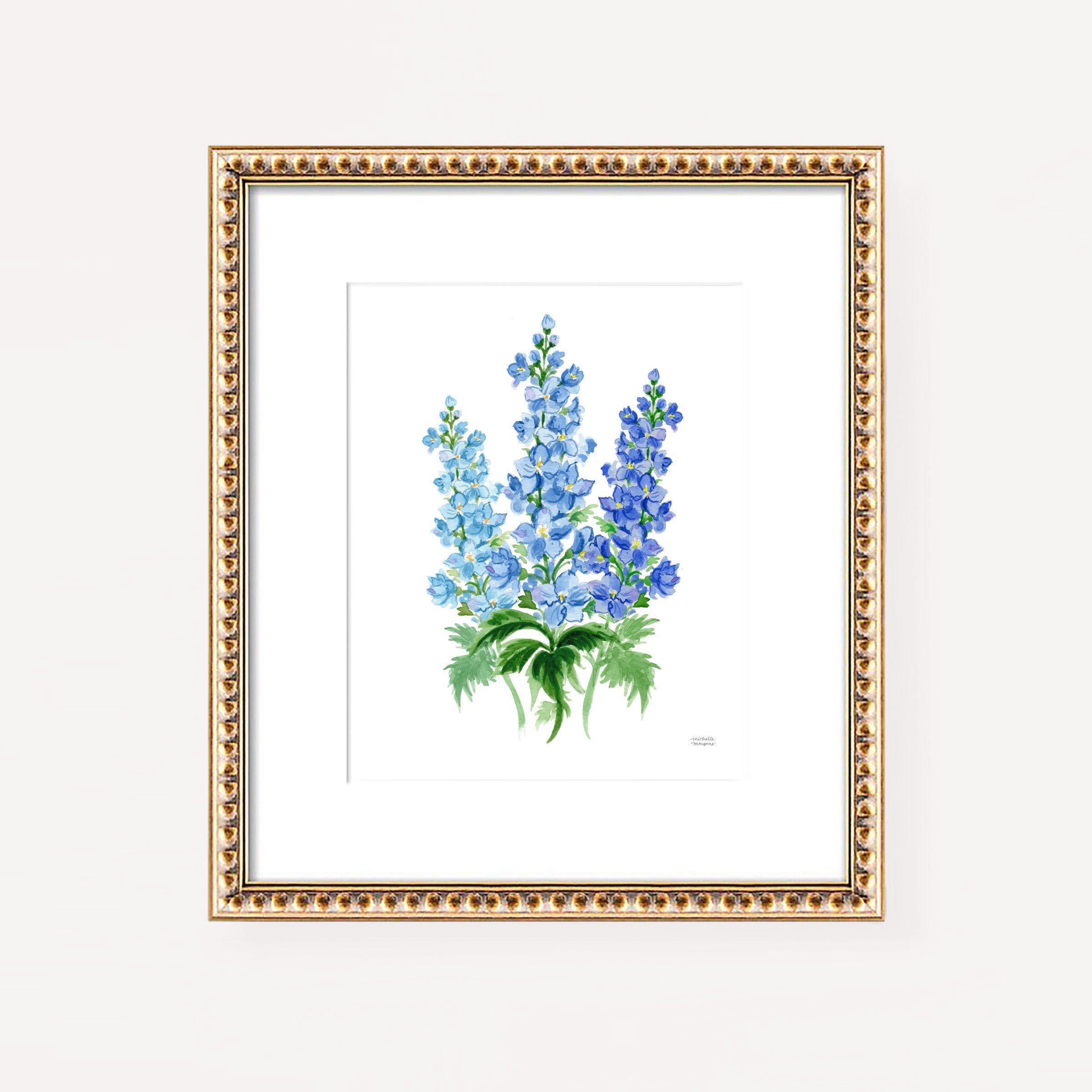Blue Delphinium Flowers Botanical Floral Watercolor Wall Art Print by Michelle Mospens