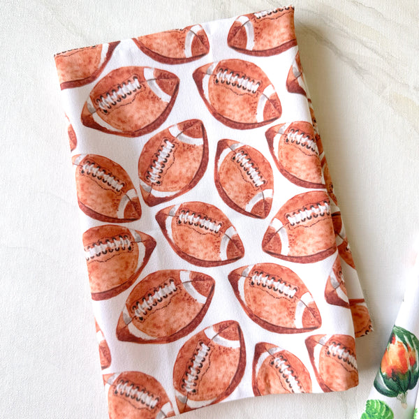 Watercolor Footballs Decorative Hostess Towel by Michelle Mospens | Vibrant 20" Square Polyester Towel