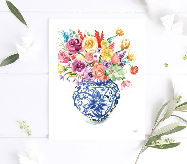 Colorful Watercolor Chinoiserie Ginger Jar and Florals No16 Wall Art Print