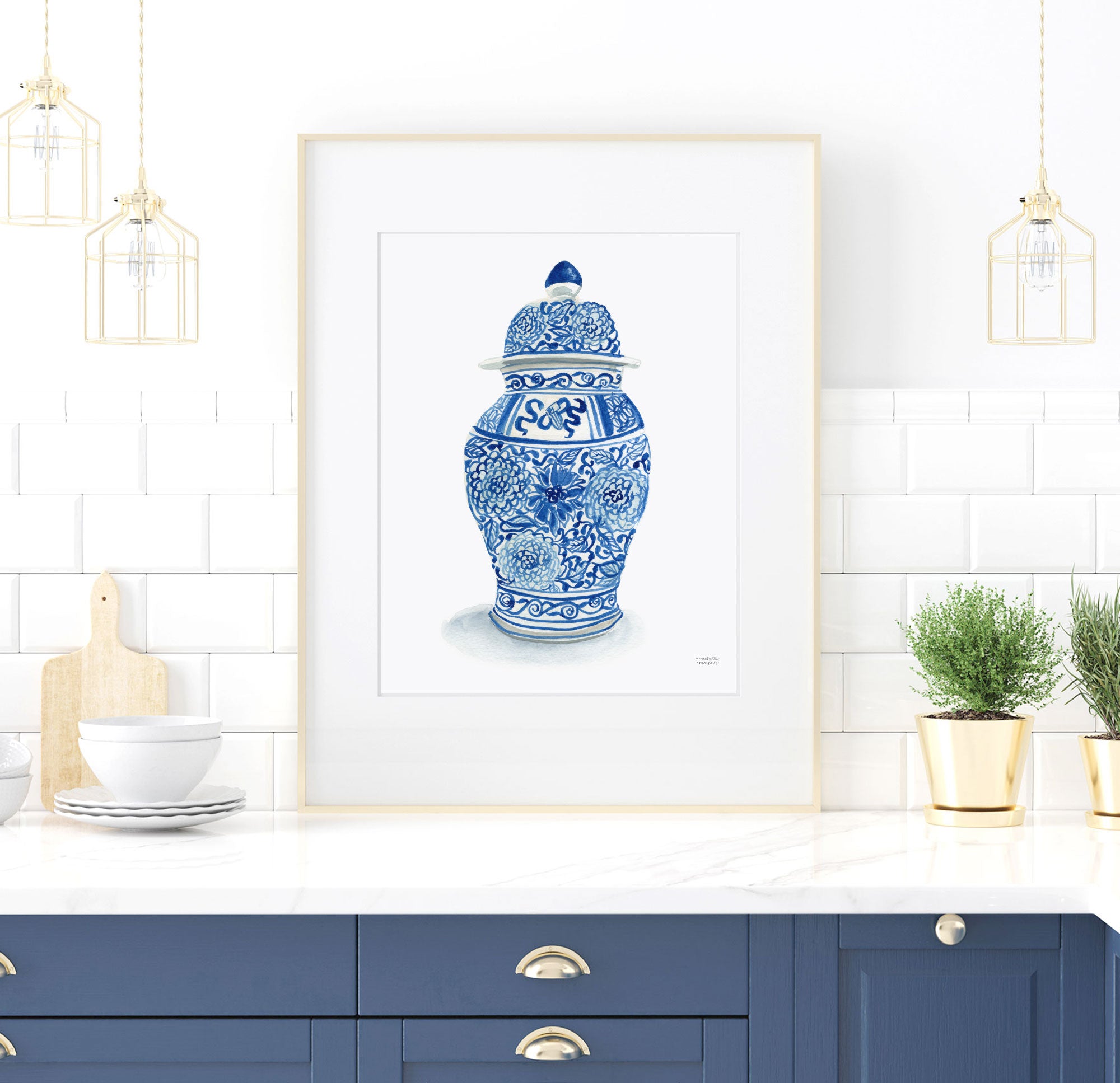 Blue and White Chinoiserie Ginger Jar Vase Watercolor Wall Art Print by Michelle Mospens