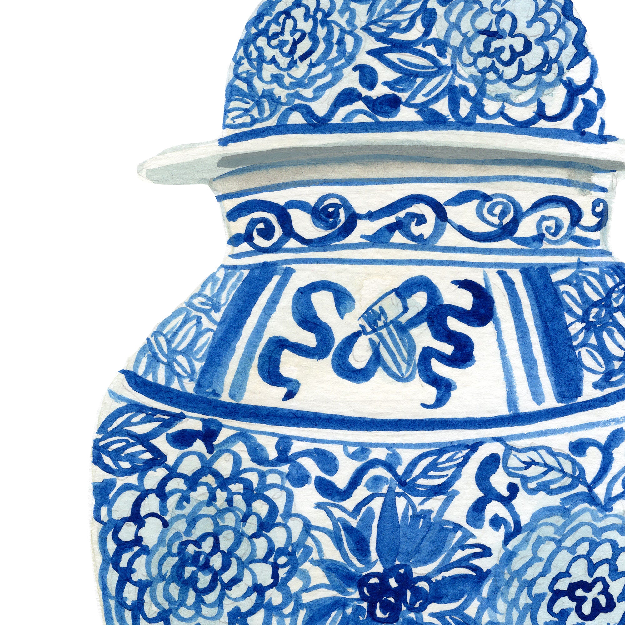 Blue and White Chinoiserie Ginger Jar Vase Watercolor Wall Art Print by Michelle Mospens