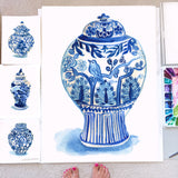 Watercolor Chinoiserie Ginger Jar No23 Wall Art Print, Unframed