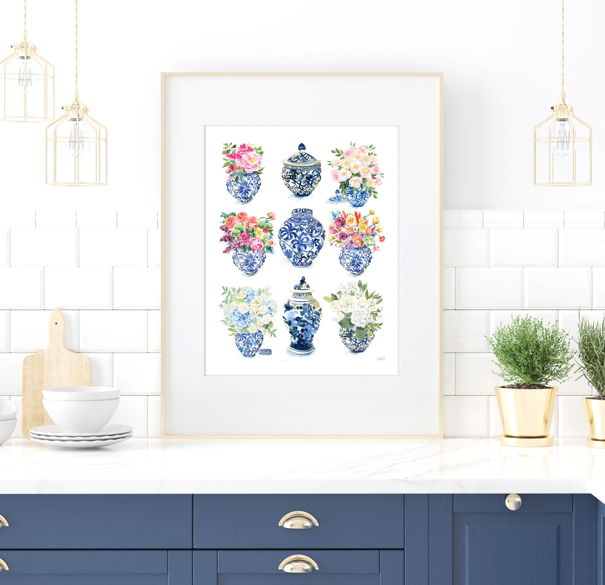 Watercolor Ginger Jars Collection Extra Large Wall Art Print by Michelle Mospens