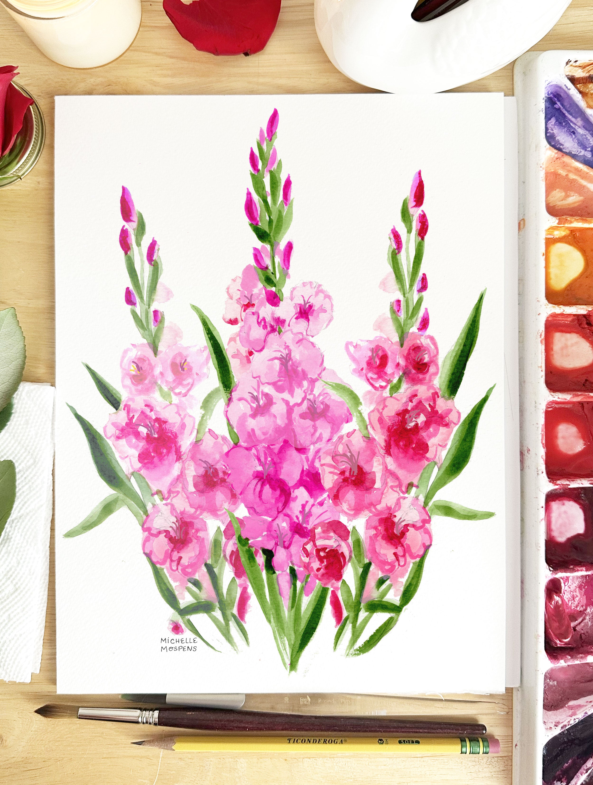 Gladiolus Flowers Botanical Floral Watercolor Wall Art Print by Michelle Mospens