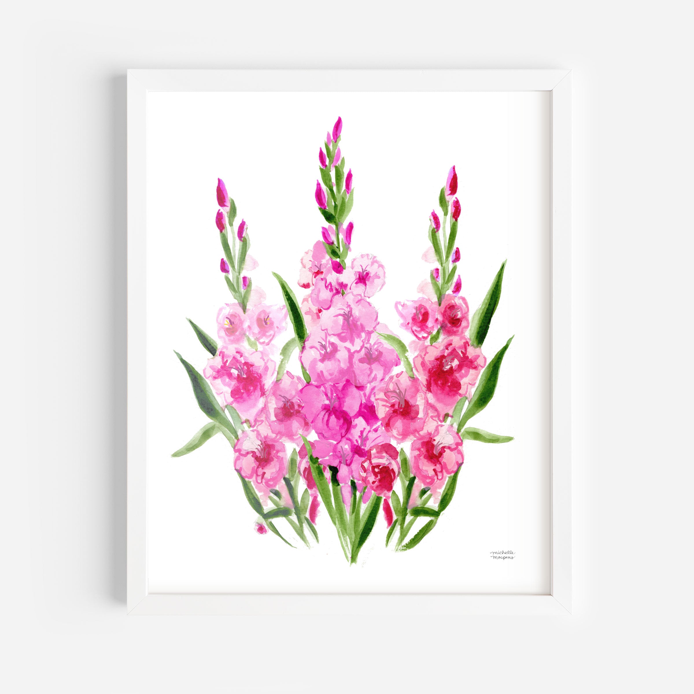 Gladiolus Flowers Botanical Floral Watercolor Wall Art Print by Michelle Mospens