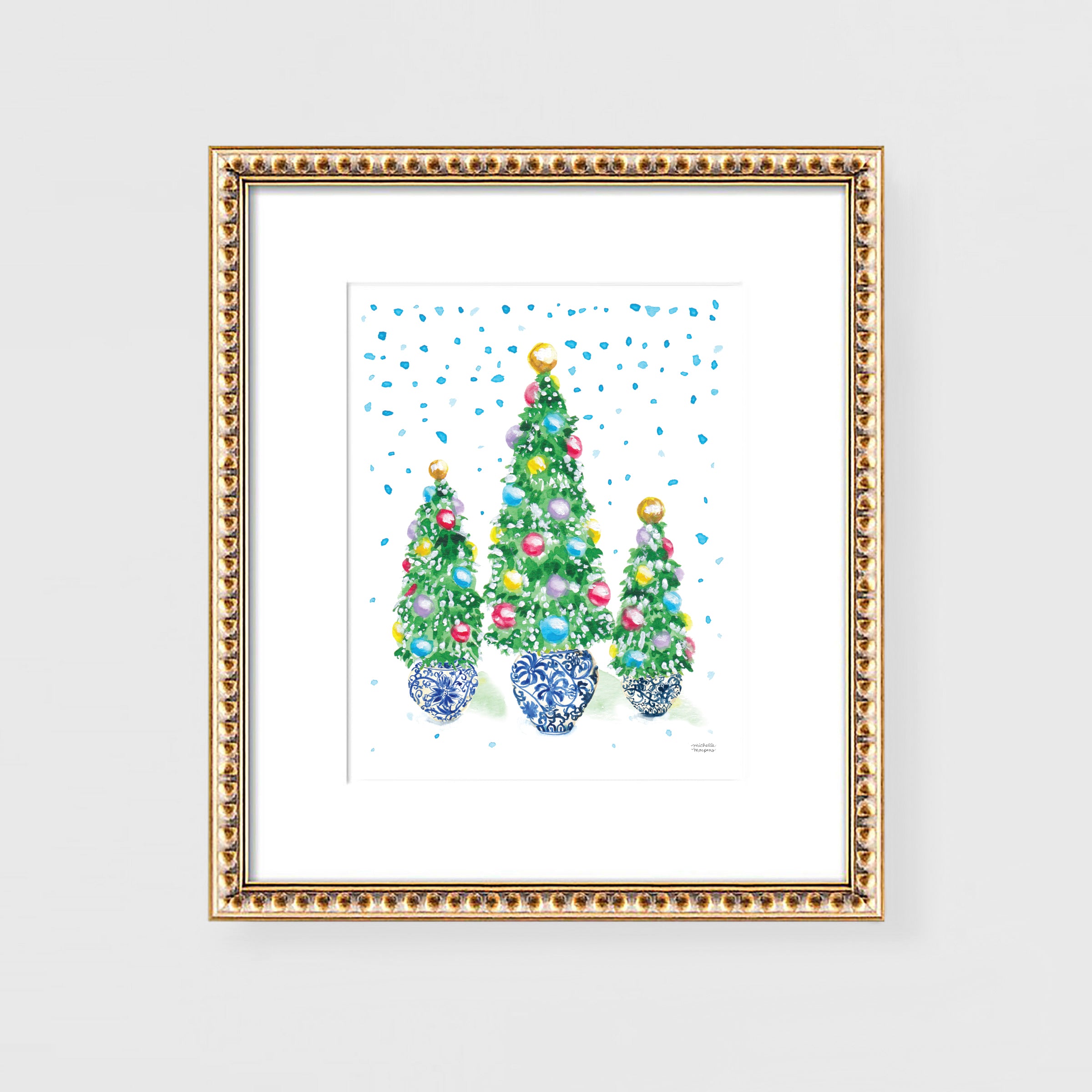 Cute Watercolor Christmas Trees Ginger Jars Grandmillennial Wall Art Print