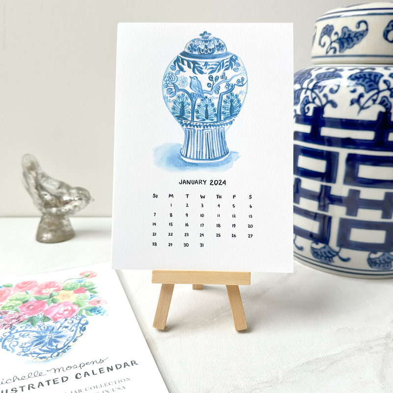 Watercolor Ginger Jars Grandmillennial Mini Monthly Desk Calendar by Michelle Mospens