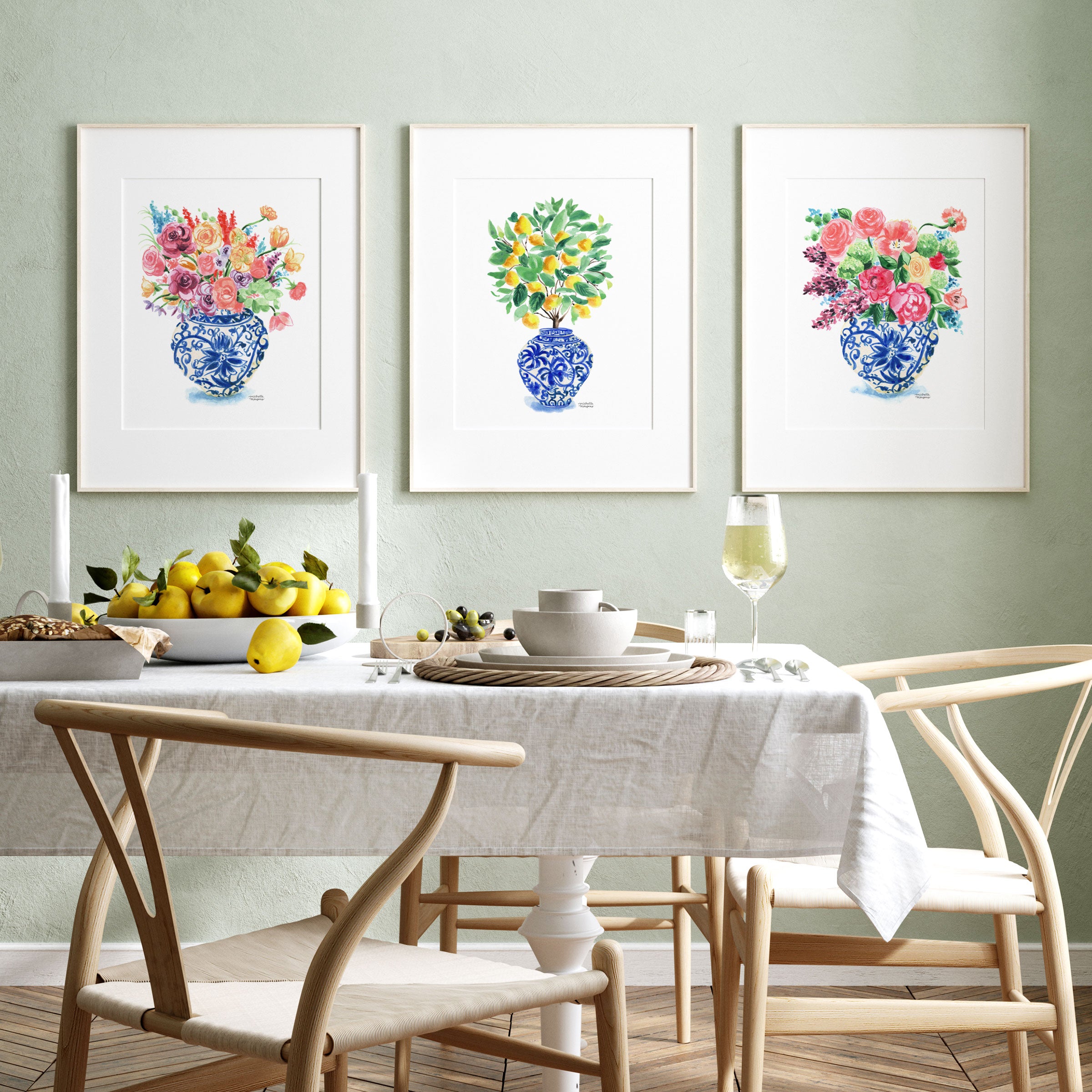 Set of 8 Watercolor Chinoiserie Art Prints, Flower Chinoiserie Decor, lemon chinoiserie fashion prints, pink peony chinoiserie art