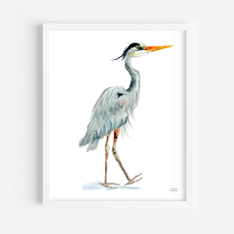 Watercolor Coastal Great Blue Heron No2 Beach Bird Wall Art Print by Michelle Mospens