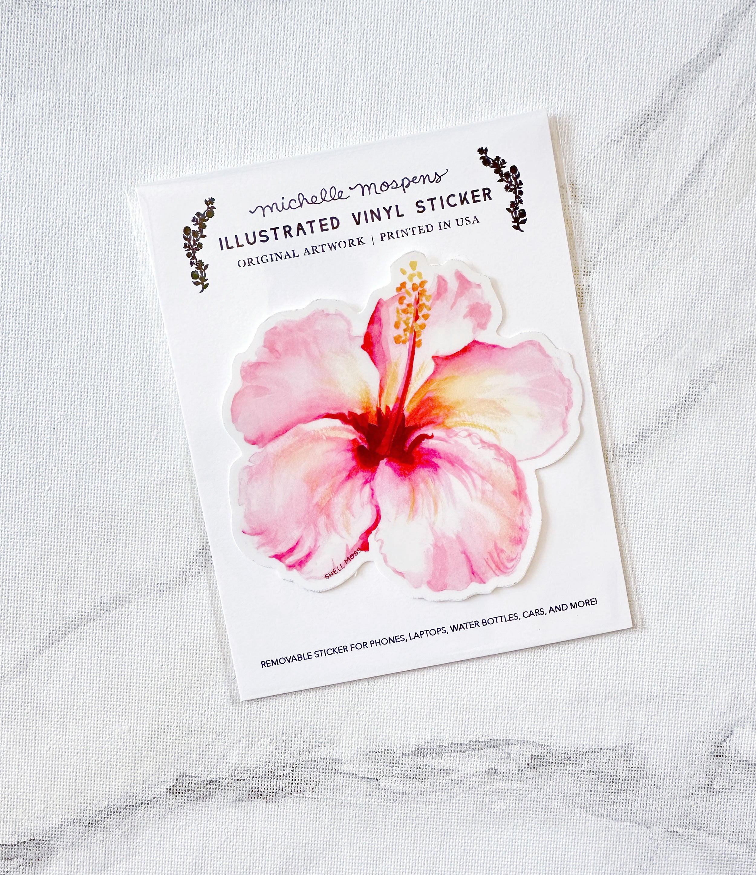 Watercolor Illustrated Pink Hibiscus Flower Die-cut Vinyl Sticker, removable, for laptops, waterbottles, cars, and more!