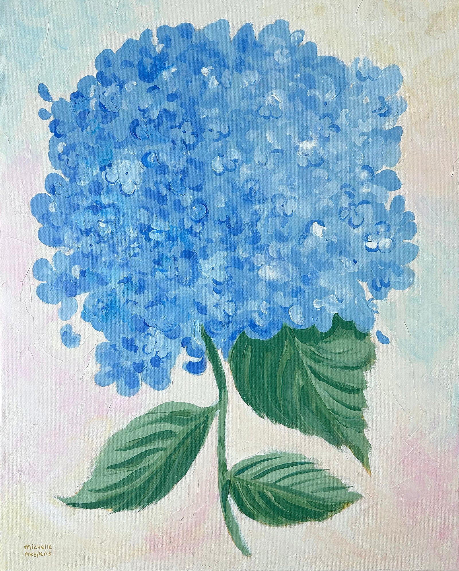 Large canvas painting of a blue hydrangea flower with green leaves on a light background, 24" x 30"