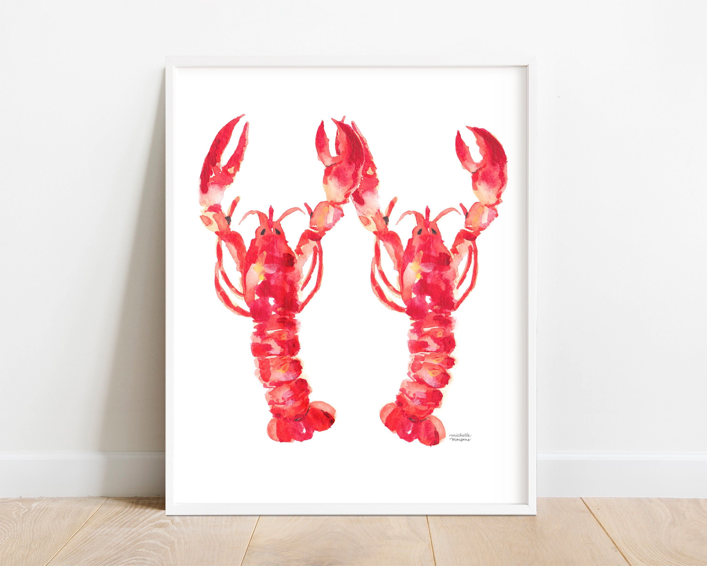 Cute Nautical Lobsters Watercolor Wall Art Print by Michelle Mospens Nursery Kids Room Decor