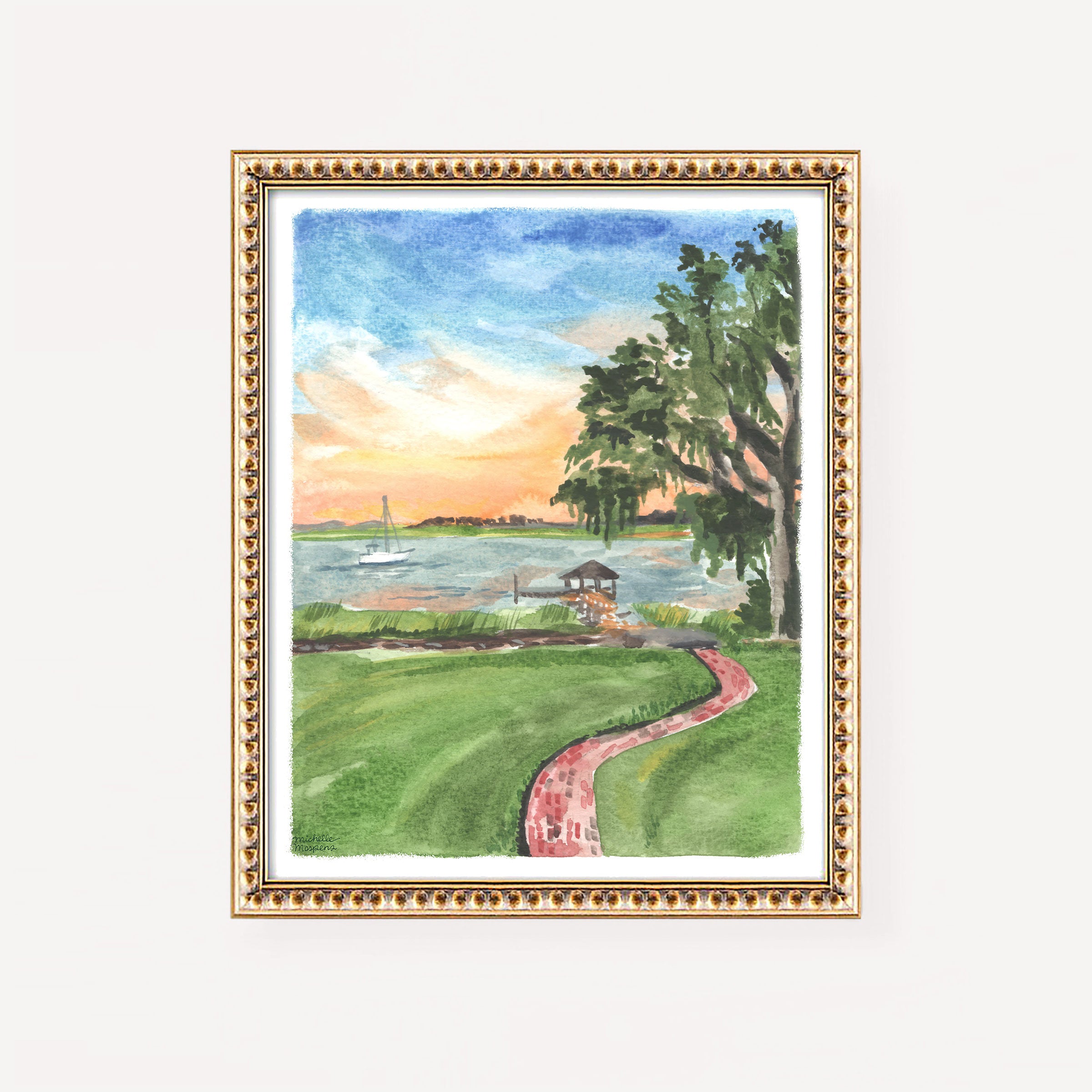 Lowcountry Marsh Sunset South Carolina Watercolor Wall Art Print by Michelle Mospens