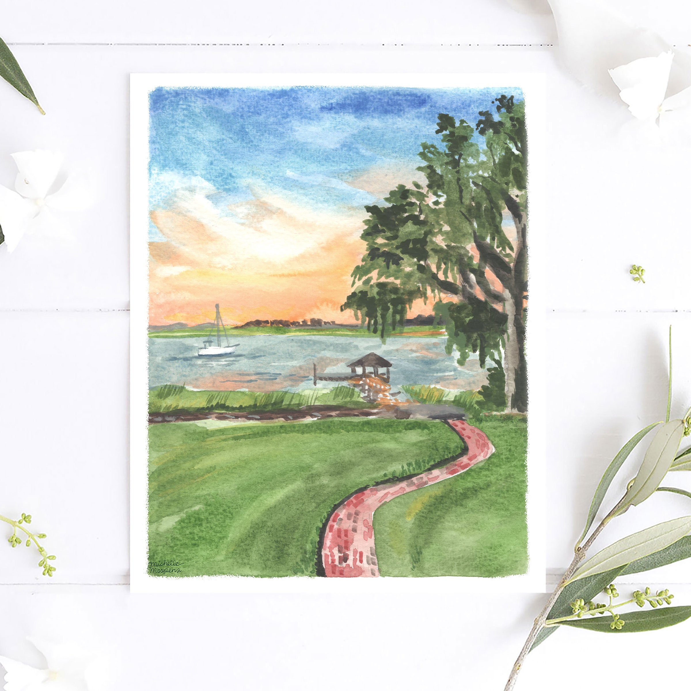 Lowcountry Marsh Sunset South Carolina Watercolor Wall Art Print by Michelle Mospens