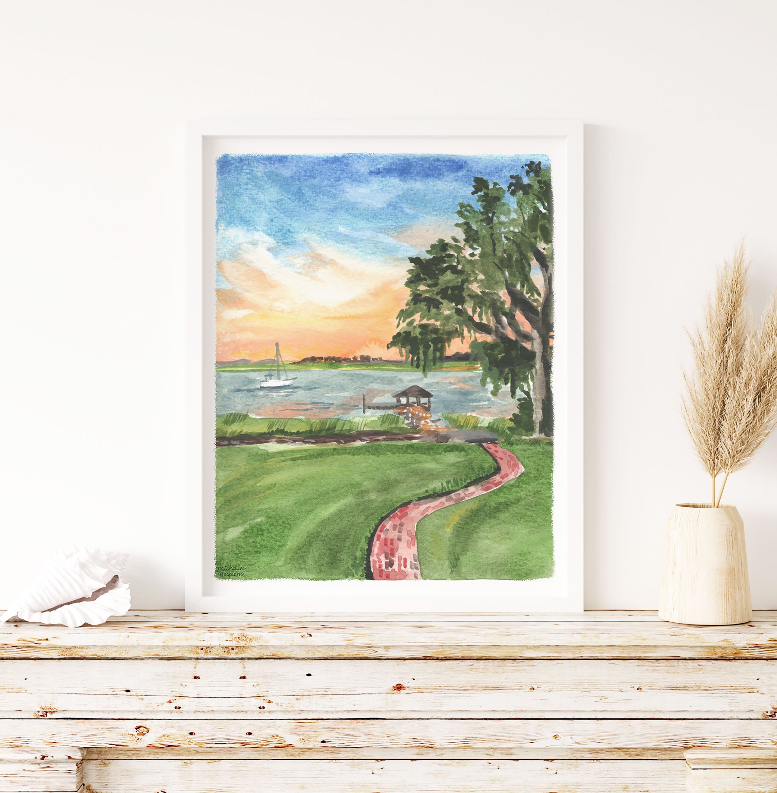 Lowcountry Marsh Sunset South Carolina Watercolor Wall Art Print by Michelle Mospens