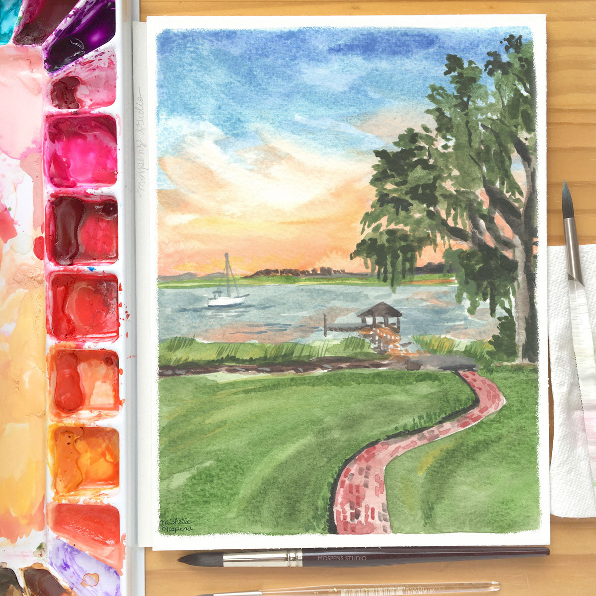 Lowcountry Marsh Sunset South Carolina Watercolor Wall Art Print by Mi