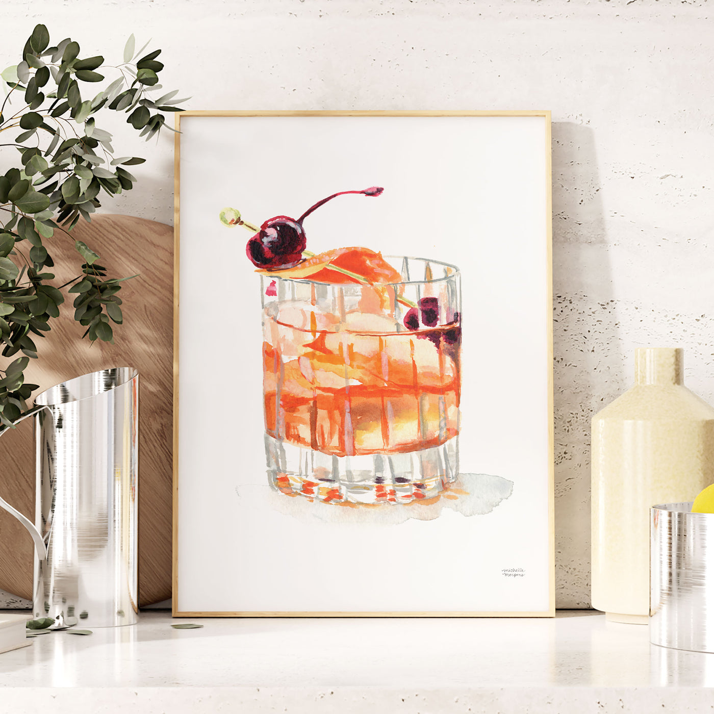 Watercolor Old Fashioned Whiskey Cocktail Wall Art Print | Bar Cart De