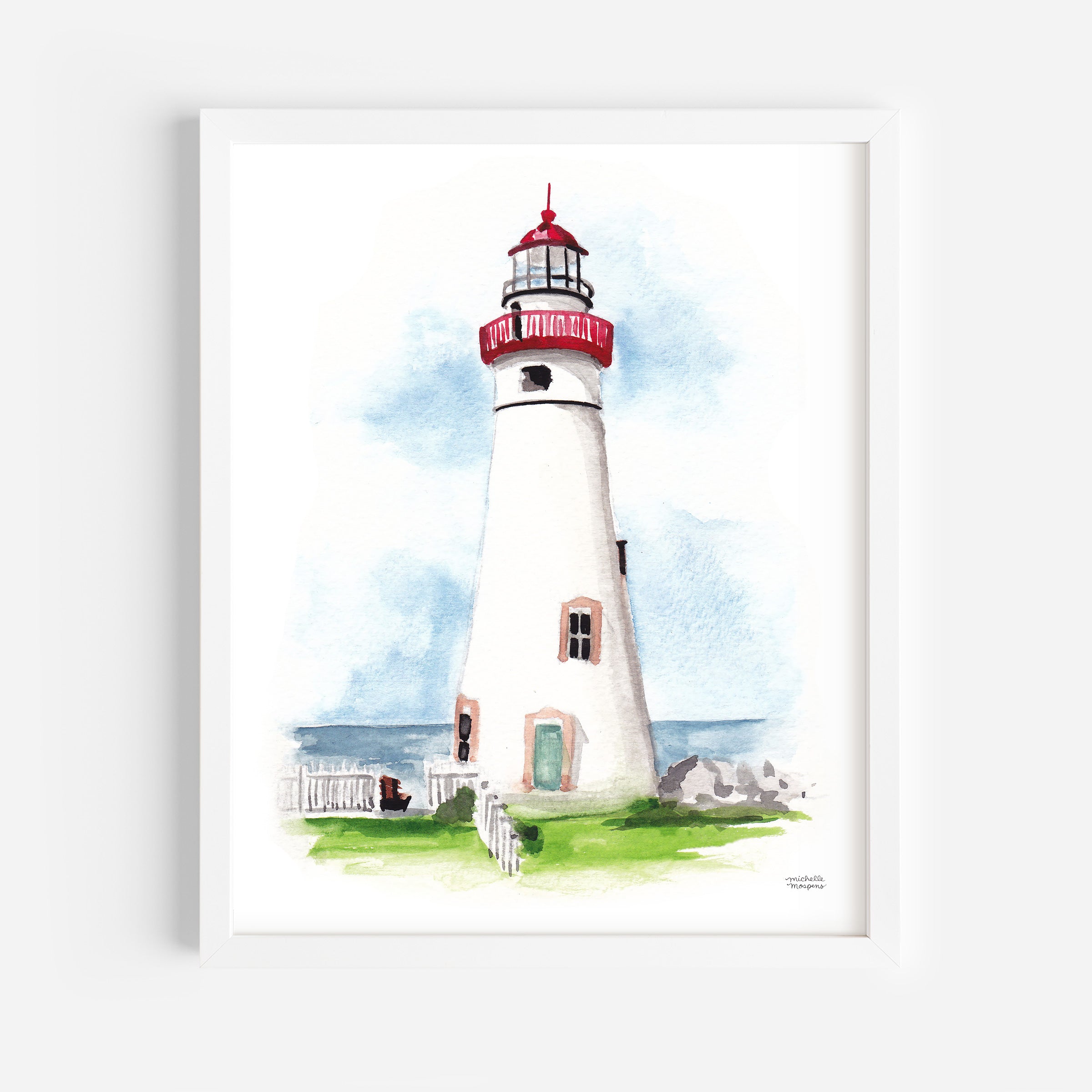 Art Print Marble Head Ohio Lighthouse Watercolor by Michelle Mospens Coastal Nautical Wall Art