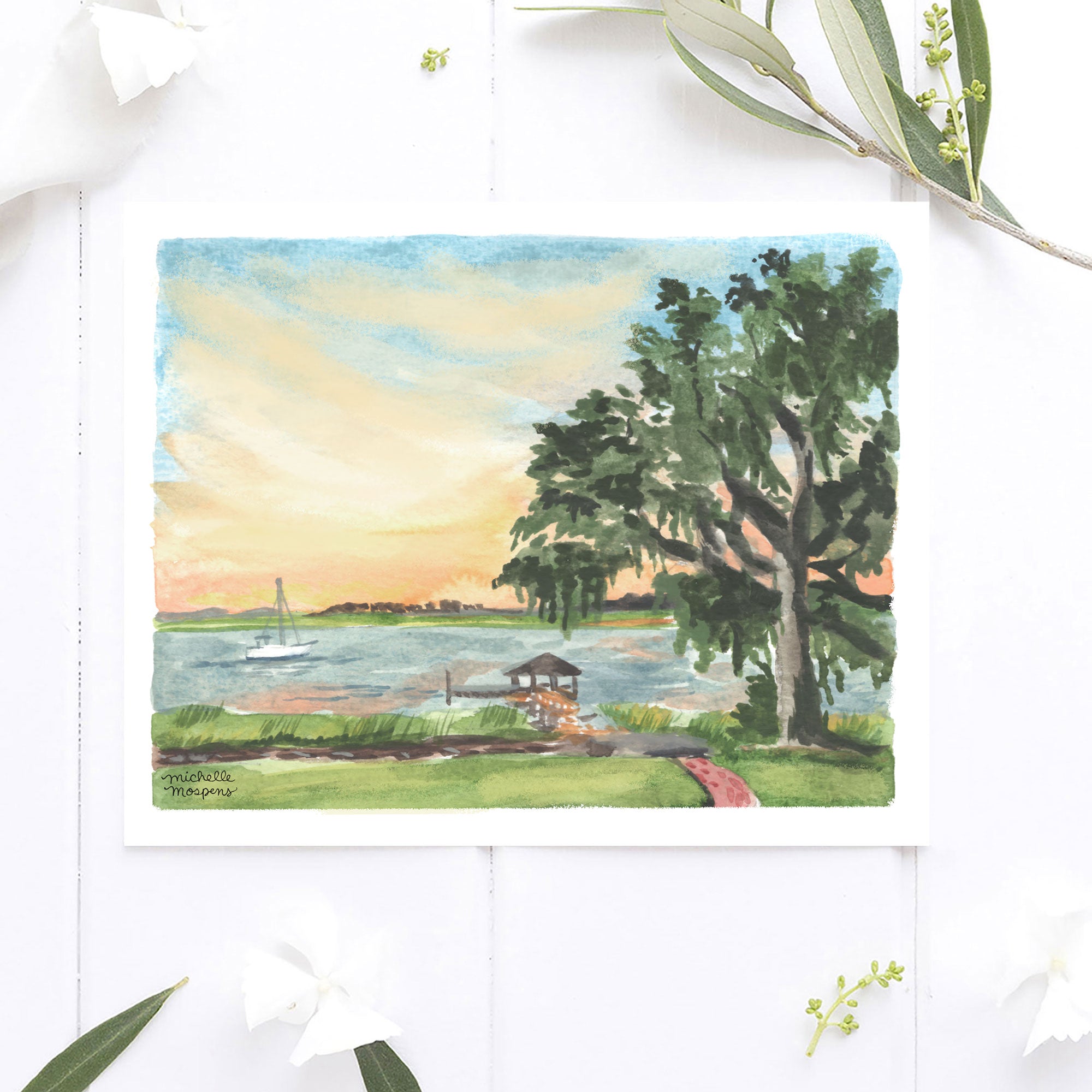 Southern Marsh Sunset No2 Watercolor Wall Art Print by Michelle Mospens