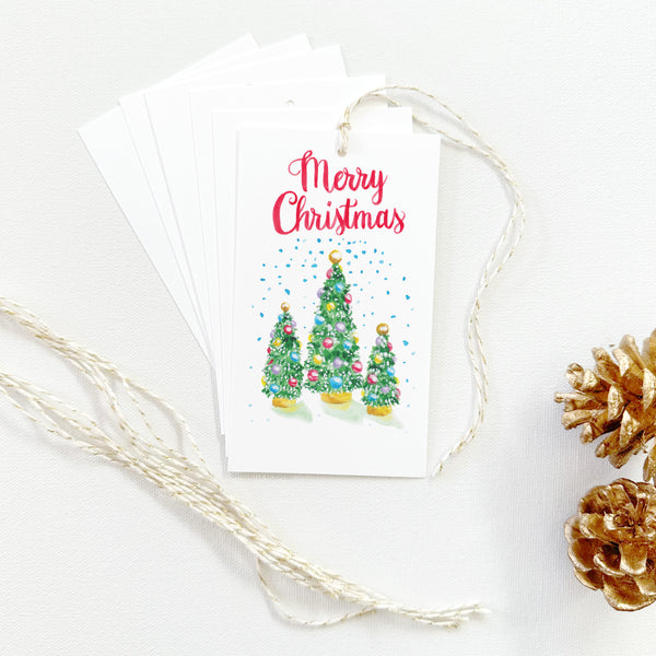 Set of Illustrated Christmas Gift Tags: Watercolor Merry Christmas Trees Holiday Gift Tags