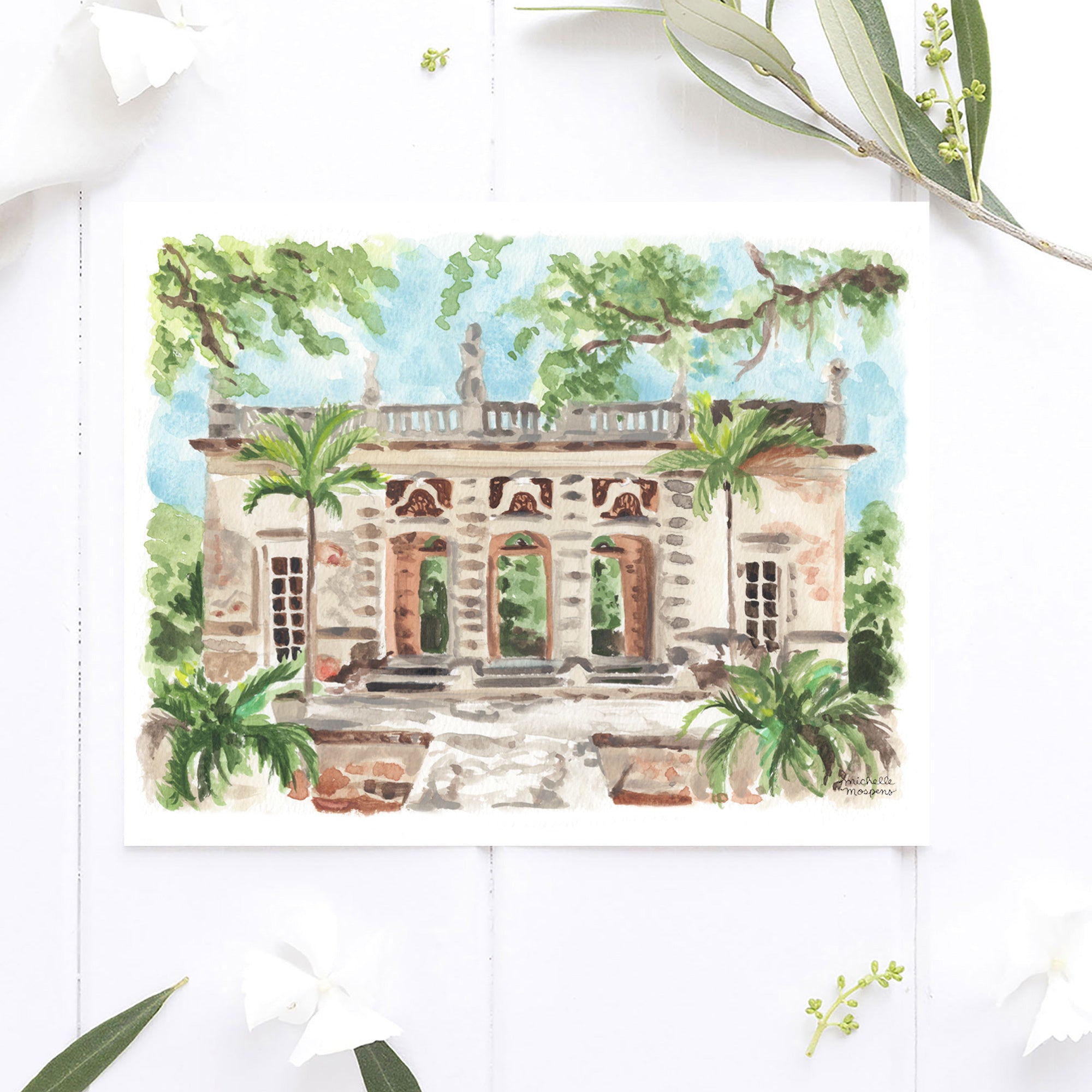 Casino at Vizcaya Garden Mound Miami Florida Watercolor Wall Art Print