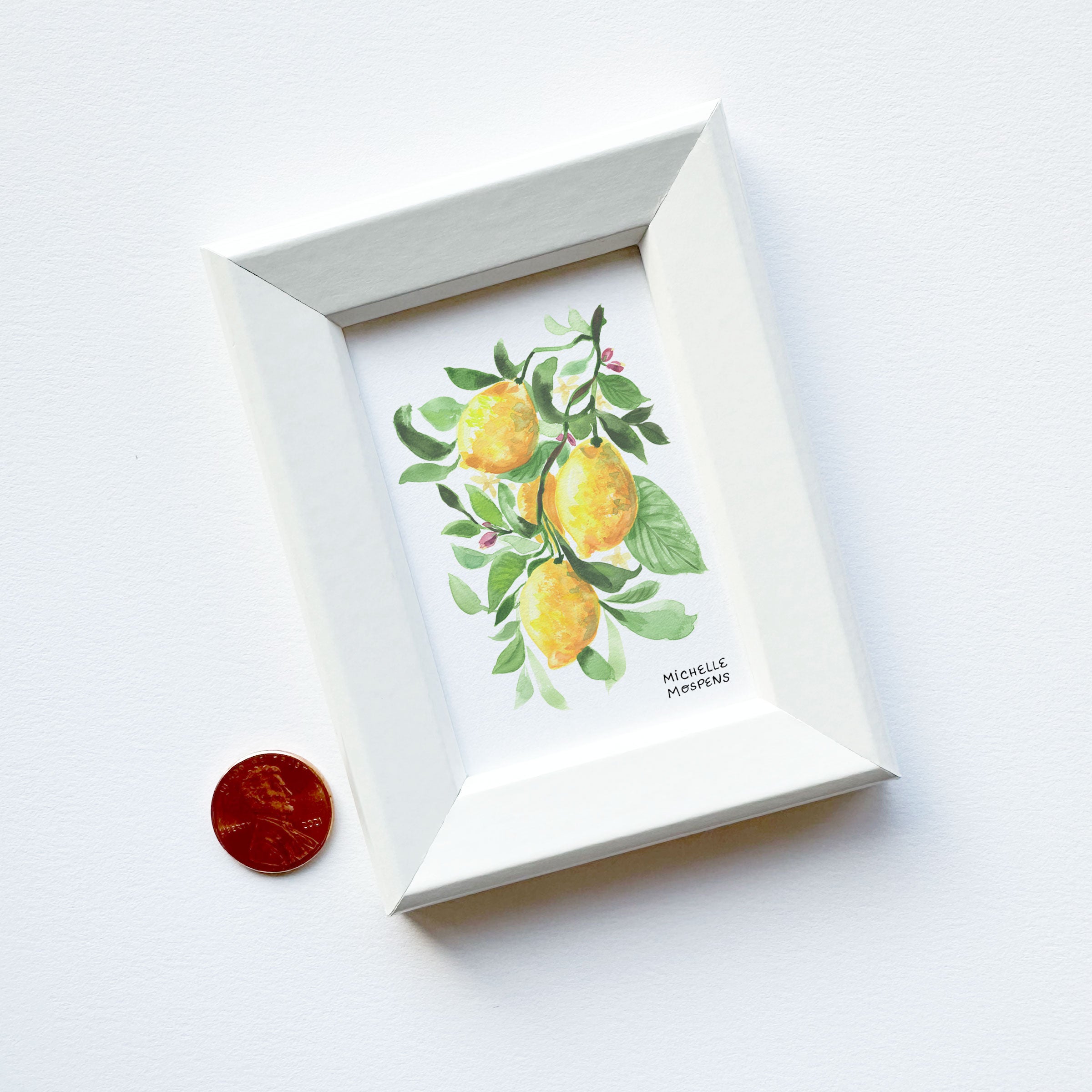 Miniature Watercolor Lemons Art Painting Framed Print by Michelle Mospens | Mini Framed Fruit Artwork Gift