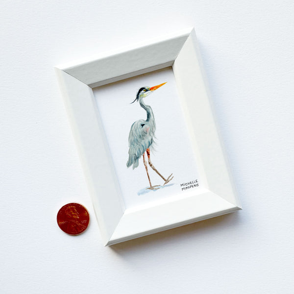 Miniature Blue Heron Bird Watercolor Art Painting Framed Print by Michelle Mospens | Mini Framed Nautical Artwork