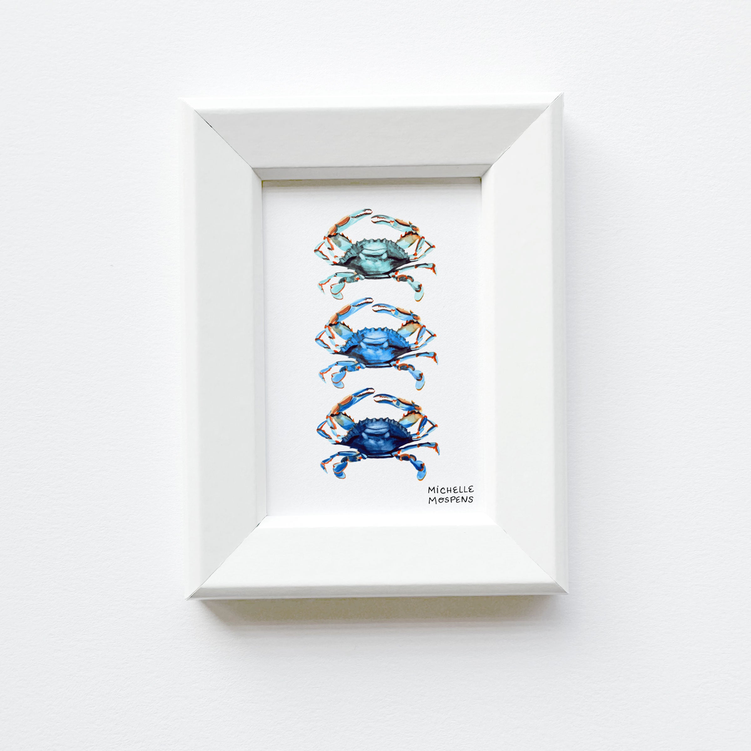 Miniature Coastal Crabs Watercolor Art Painting Framed Print by Michelle Mospens | Mini Framed Nautical Crabs Artwork