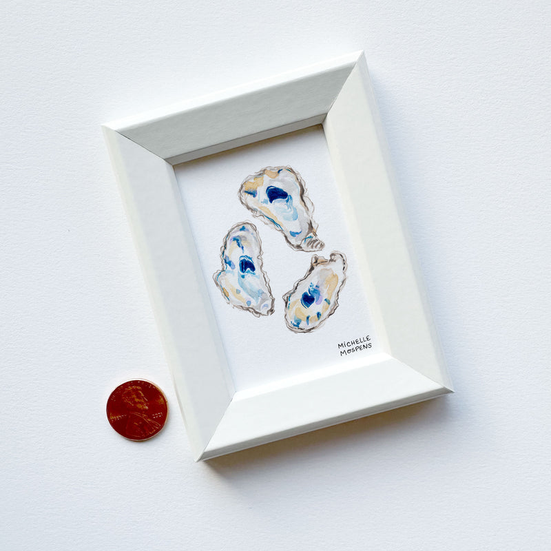 Miniature Oyster Shell Coastal Watercolor Art Painting Framed Print by Michelle Mospens | Mini Framed Oysters Artwork
