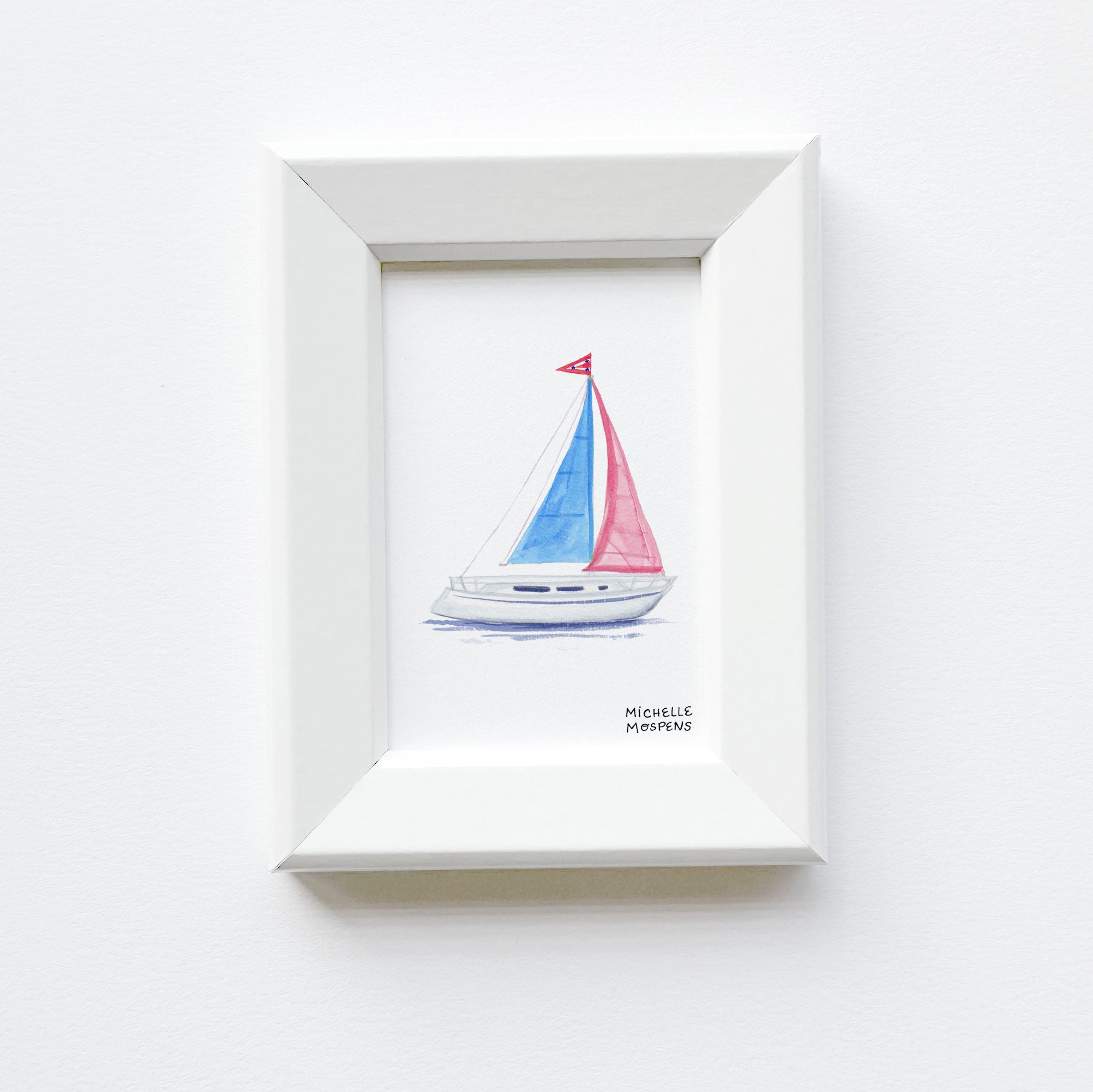 Miniature Sailboat Coastal Watercolor Art Painting Framed Print by Michelle Mospens | Mini Framed Nautical Artwork