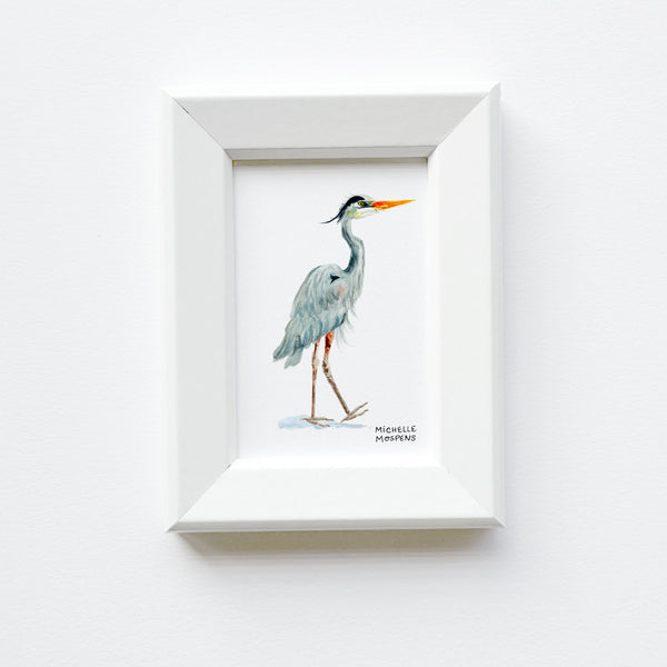 Miniature Blue Heron Bird Watercolor Art Painting Framed Print by Michelle Mospens | Mini Framed Nautical Artwork