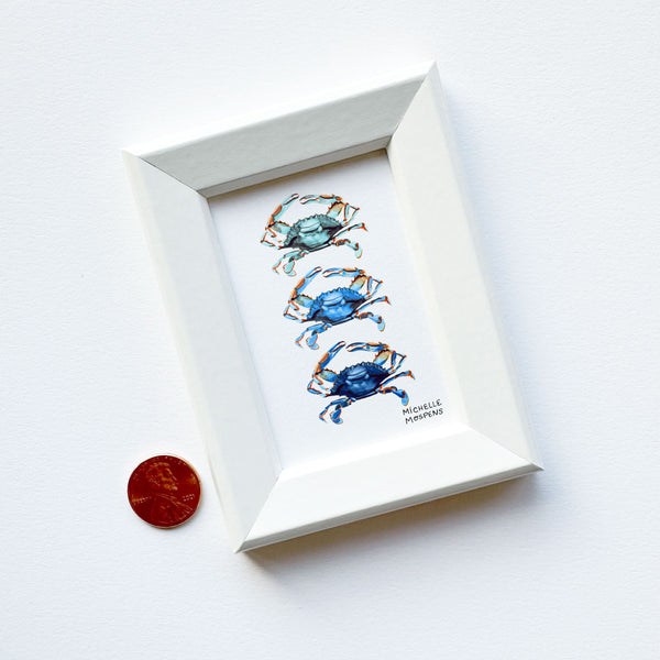 Miniature Coastal Crabs Watercolor Art Painting Framed Print by Michelle Mospens | Mini Framed Nautical Crabs Artwork