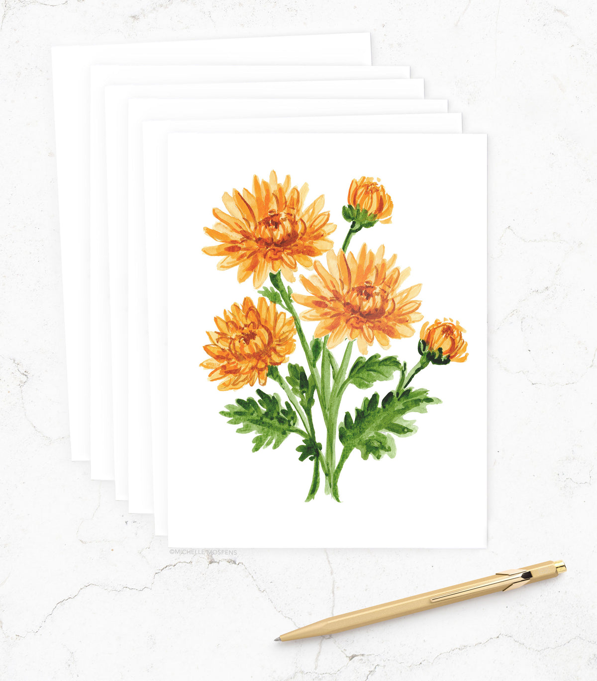 Watercolor Mums Floral Notecard Set, November Birth Flower | Michelle Mospens