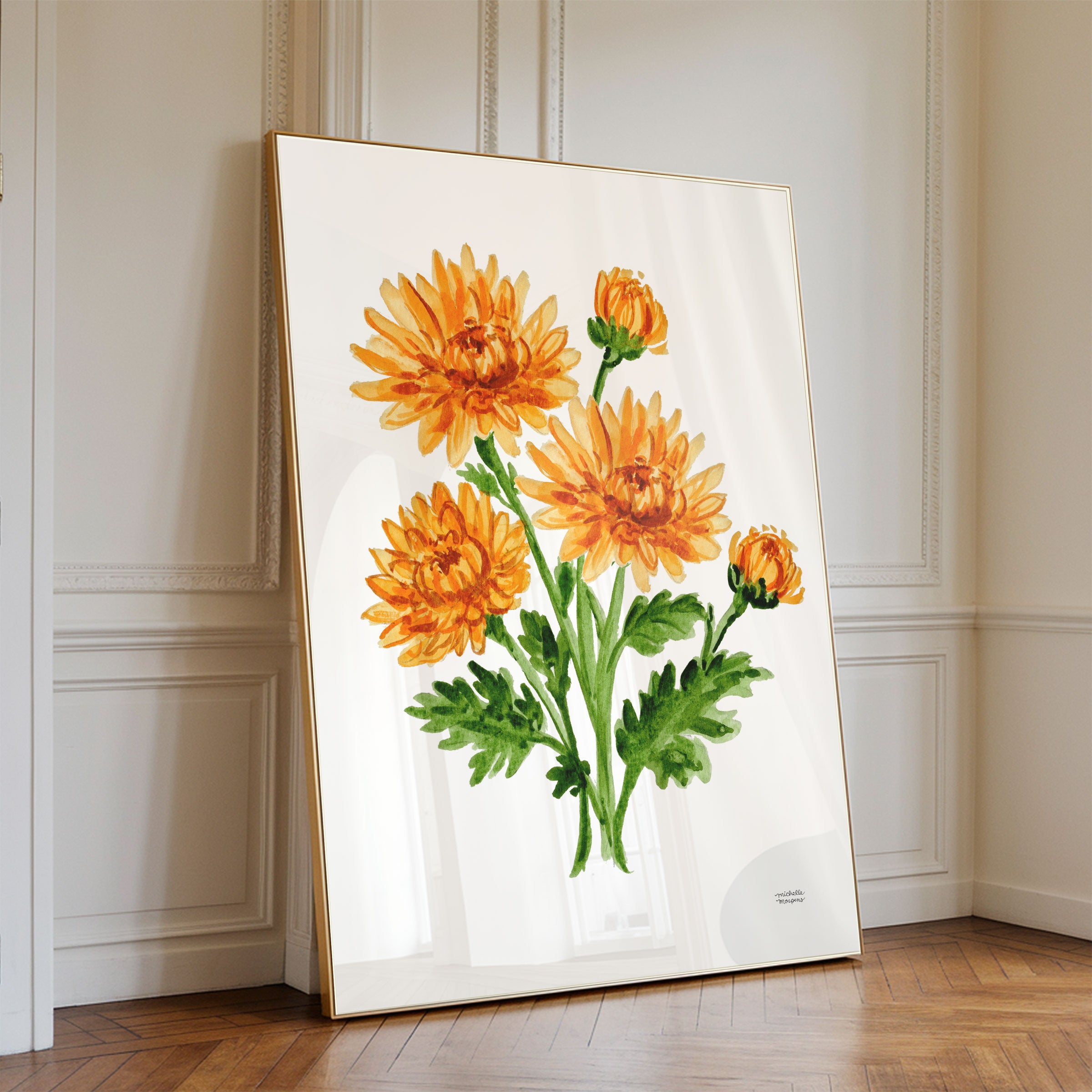 Orange Mum Flowers Botanical Floral Watercolor Wall Art Print by Michelle Mospens