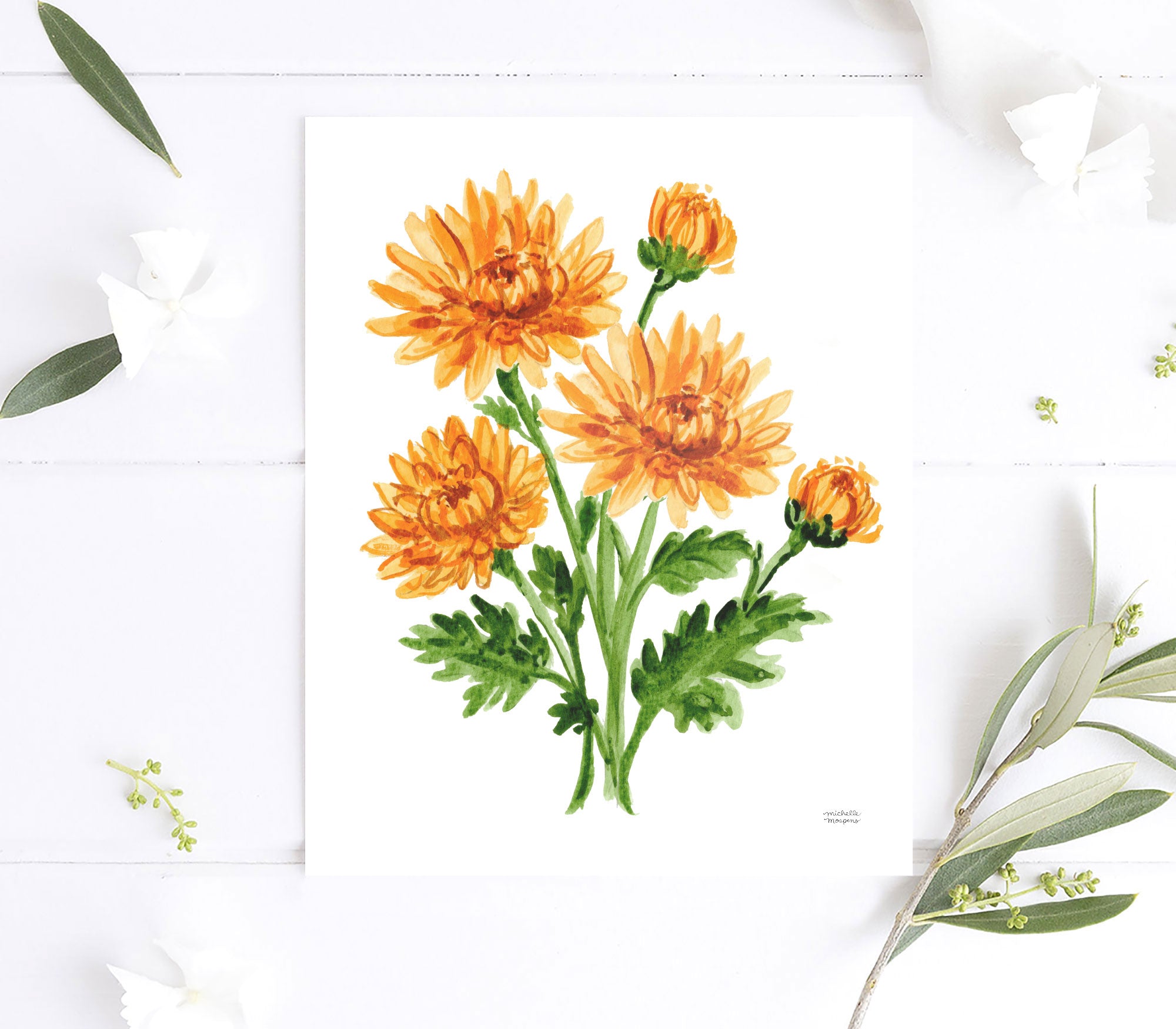 Orange Mum Flowers Botanical Floral Watercolor Wall Art Print by Michelle Mospens