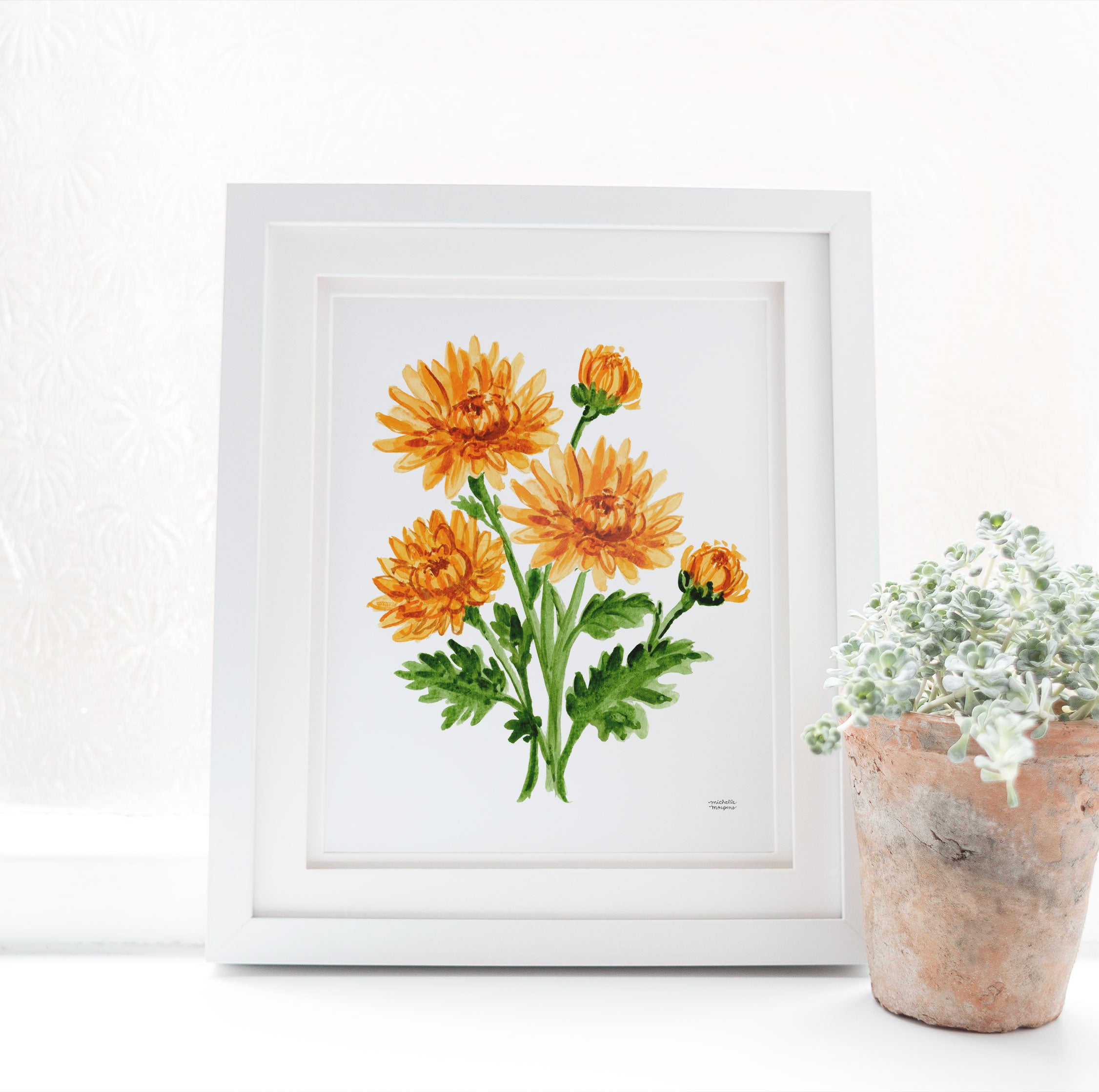 Orange Mum Flowers Botanical Floral Watercolor Wall Art Print by Michelle Mospens