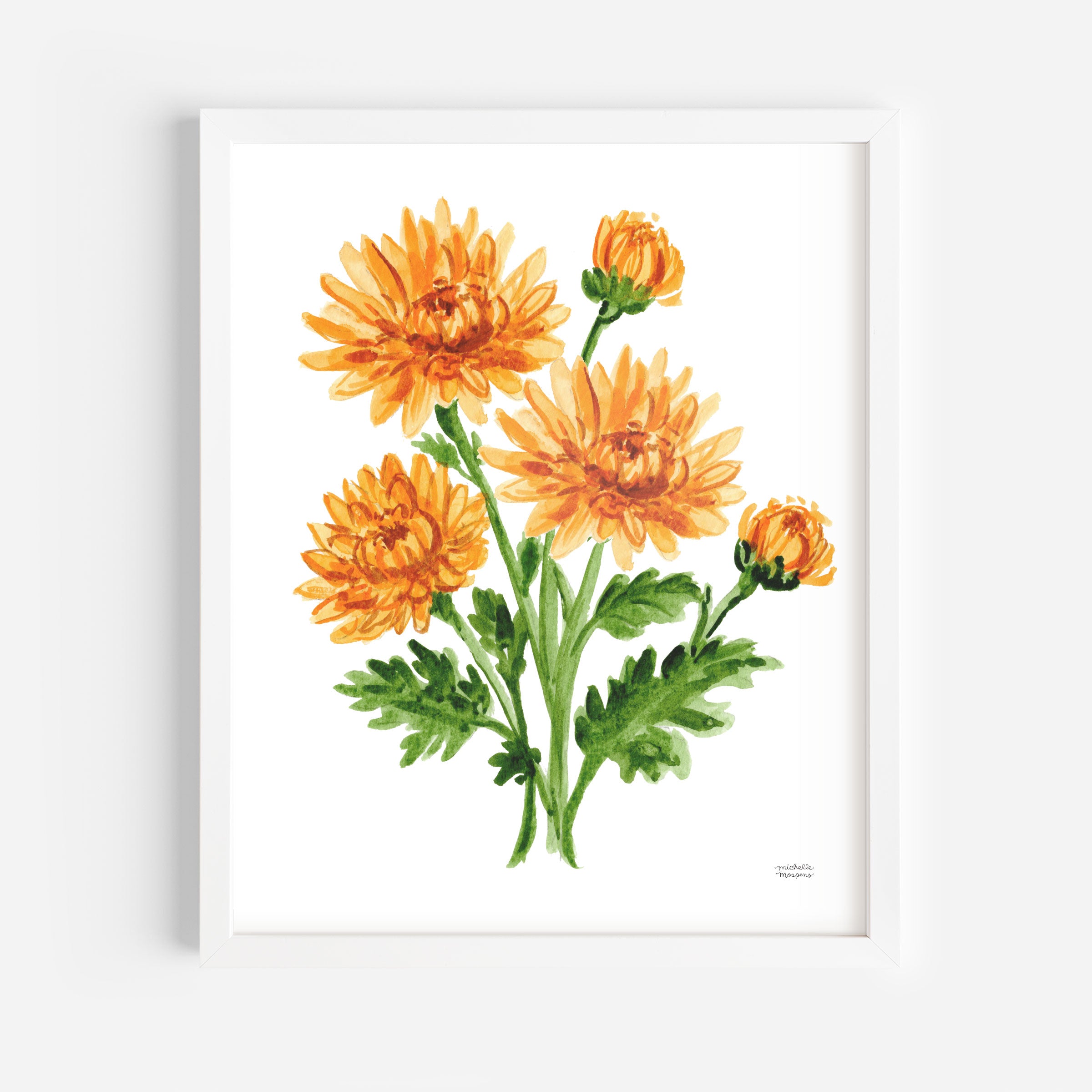 Orange Mum Flowers Botanical Floral Watercolor Wall Art Print by Michelle Mospens