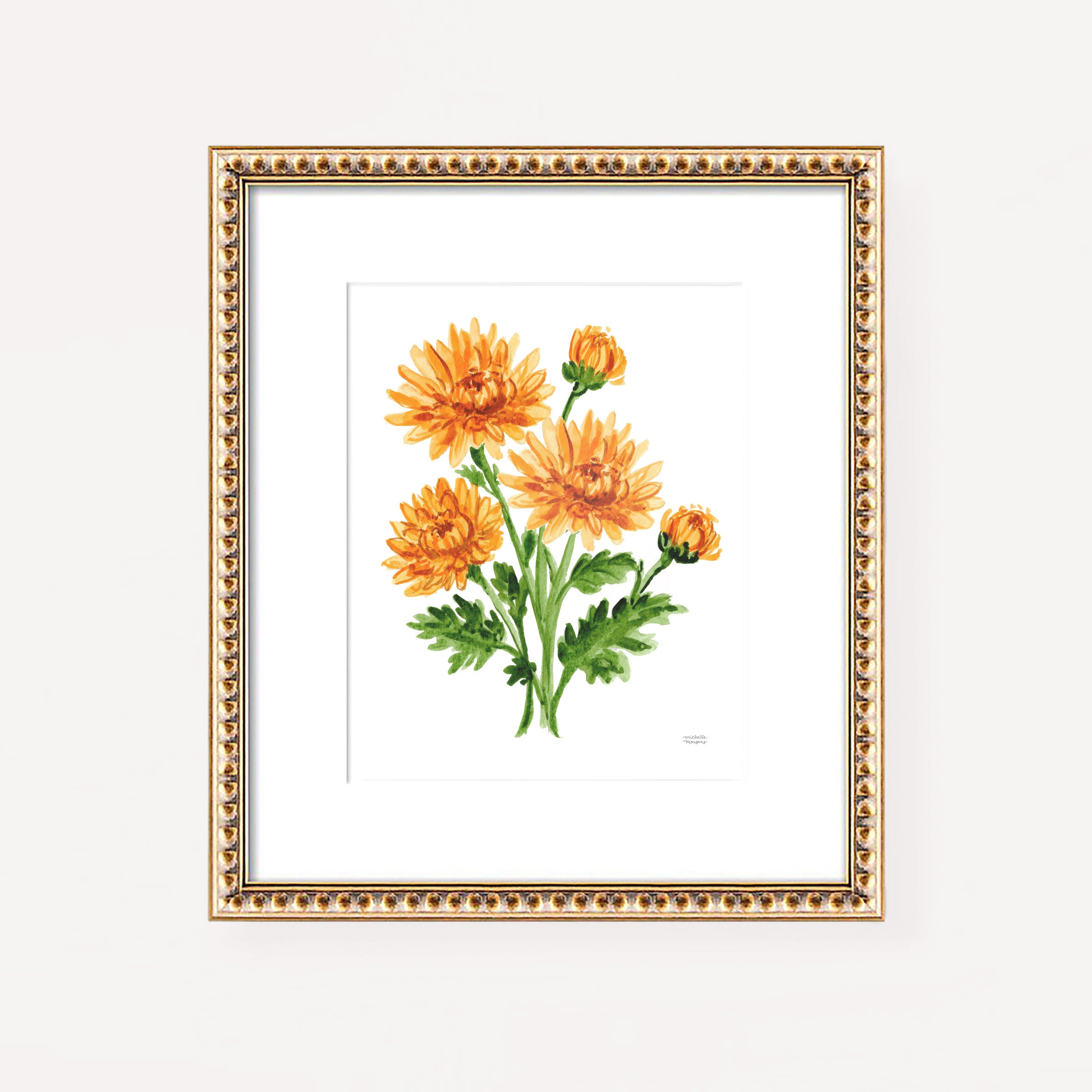 Orange Mum Flowers Botanical Floral Watercolor Wall Art Print by Michelle Mospens