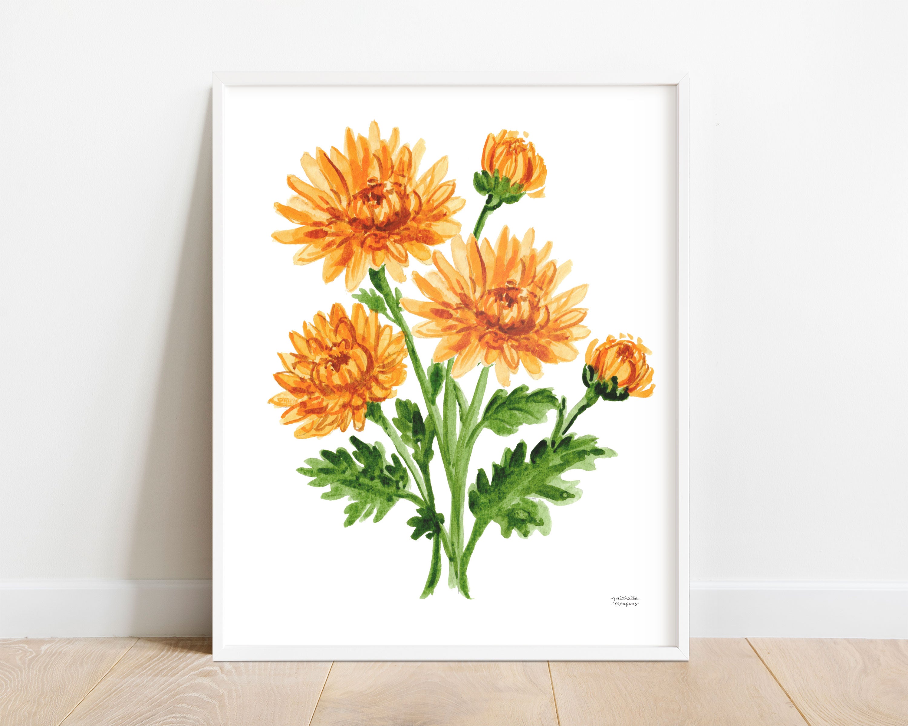 Orange Mum Flowers Botanical Floral Watercolor Wall Art Print by Michelle Mospens