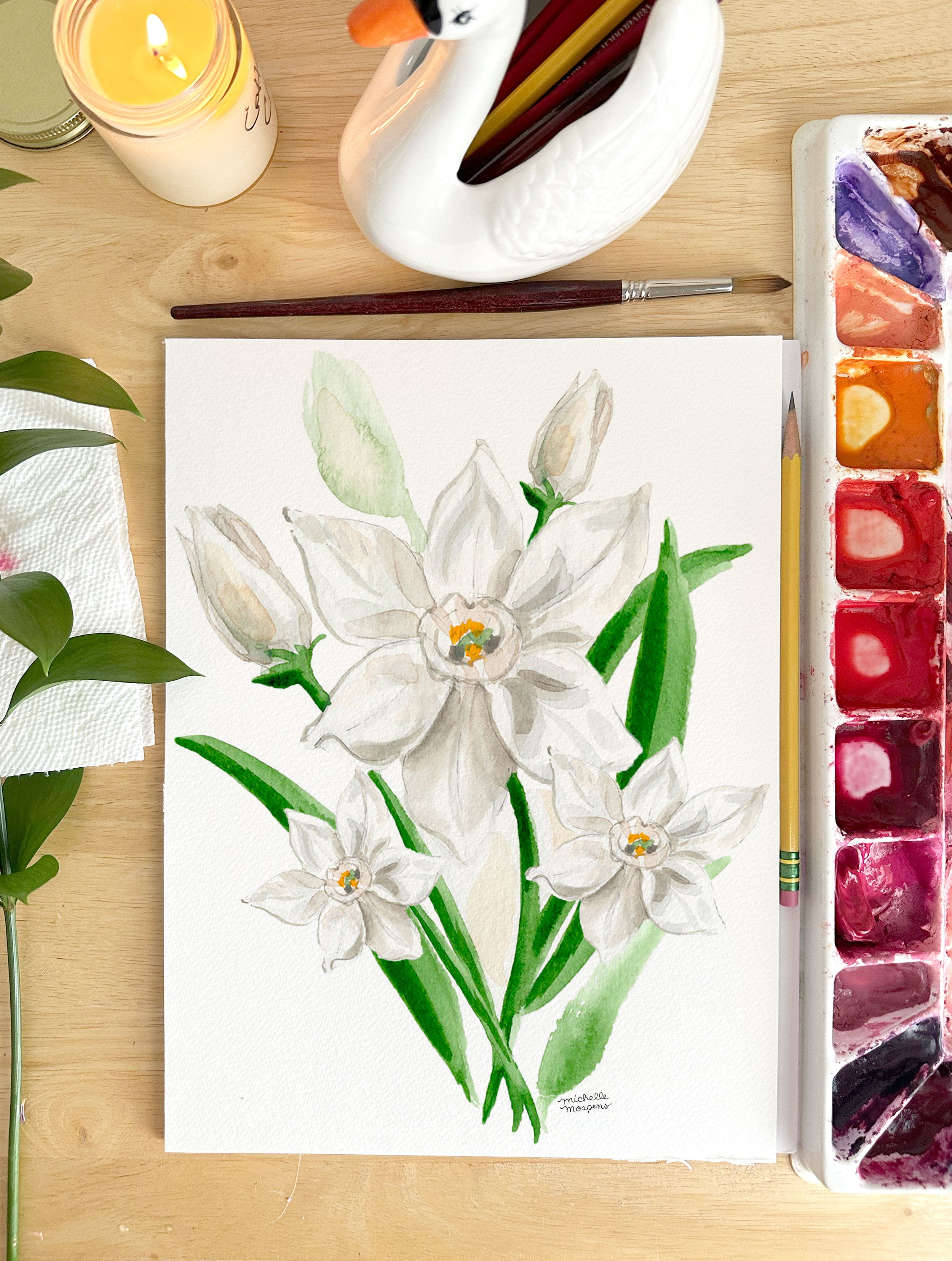 Narcissus Botanical Flower Floral Watercolor Wall Art Print by Michelle Mospens