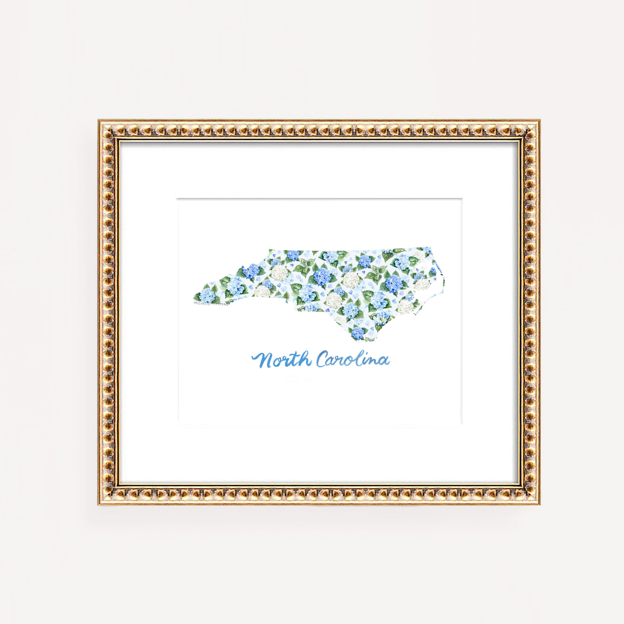 South and North Carolina Illustrated Wall Art Print Set of 2: Watercolor Carolinas State Shape with Hydrangeas and Hand Lettering