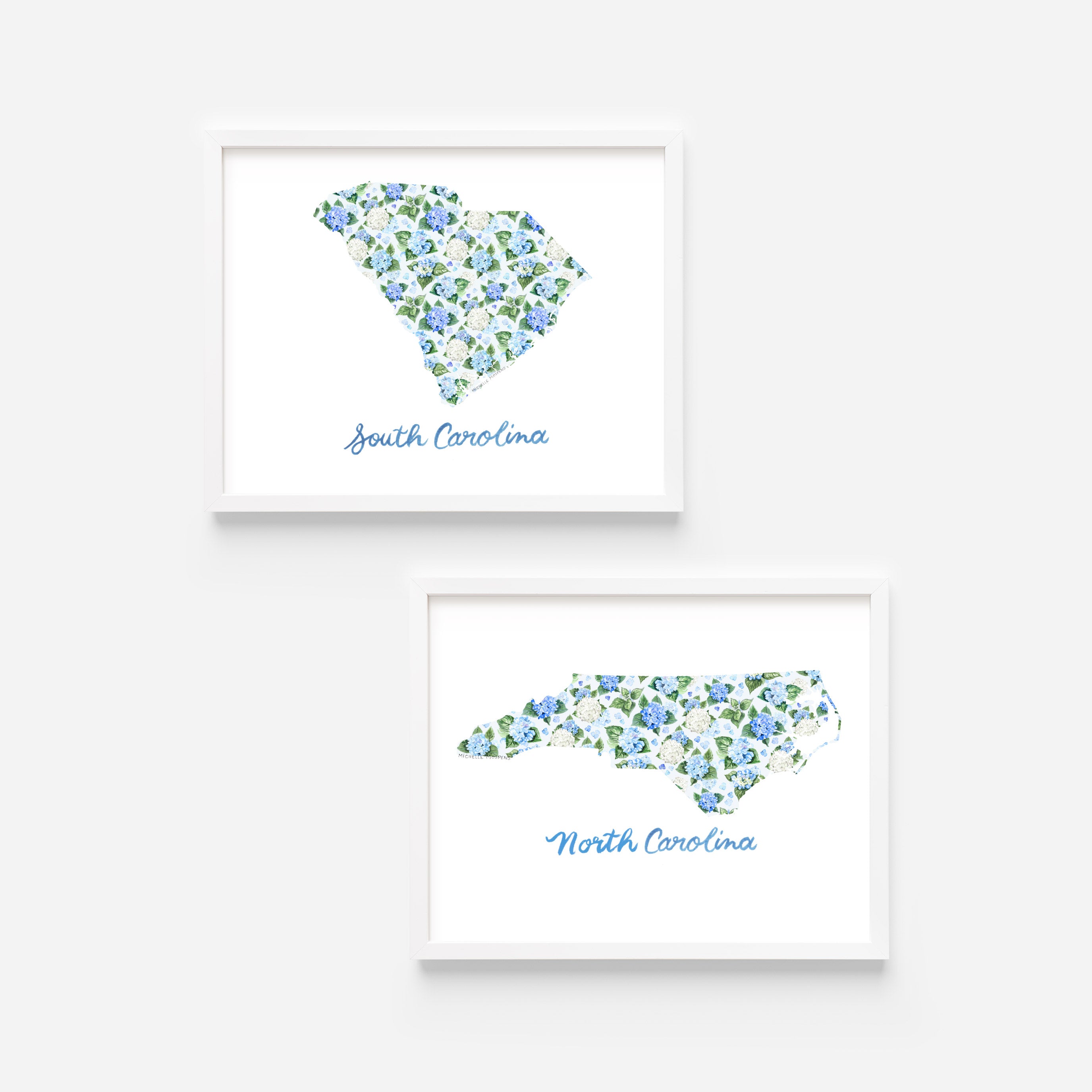 South and North Carolina Illustrated Wall Art Print Set of 2: Watercolor Carolinas State Shape with Hydrangeas and Hand Lettering