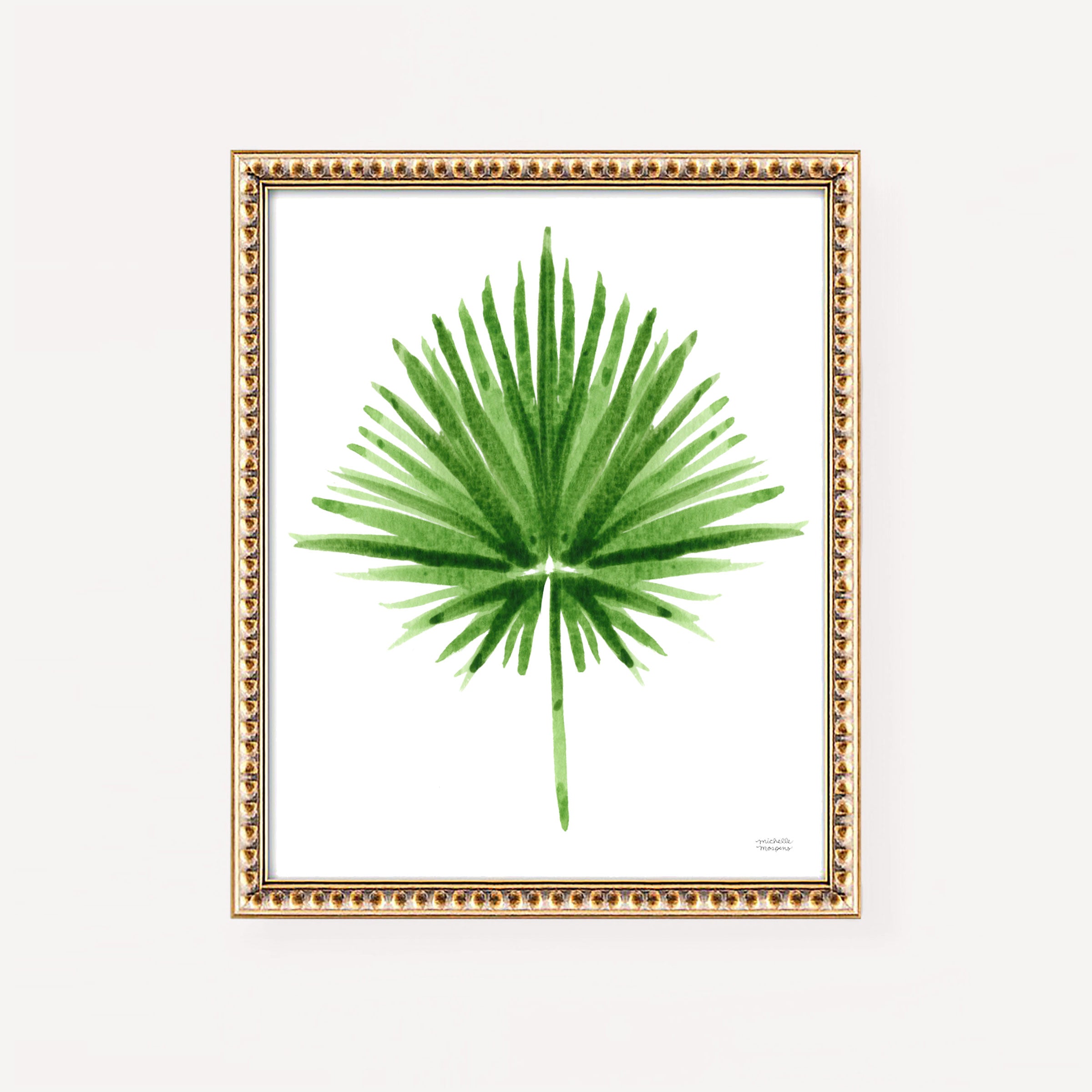 Green Palmetto Leaf Palm Frond Watercolor Wall Art Print by Michelle Mospens