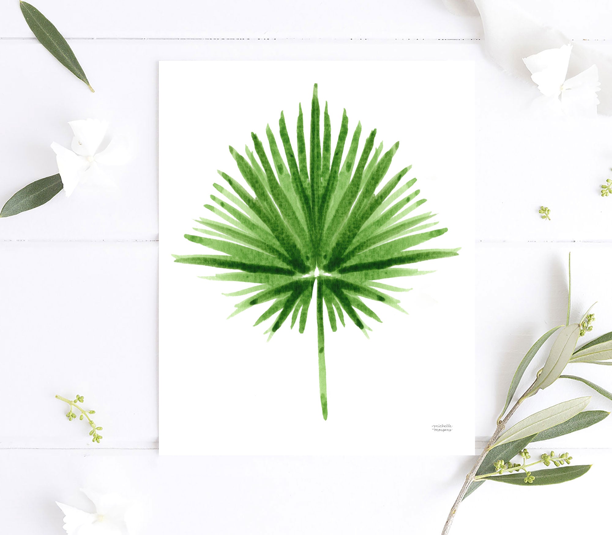 Green Palmetto Leaf Palm Frond Watercolor Wall Art Print by Michelle Mospens