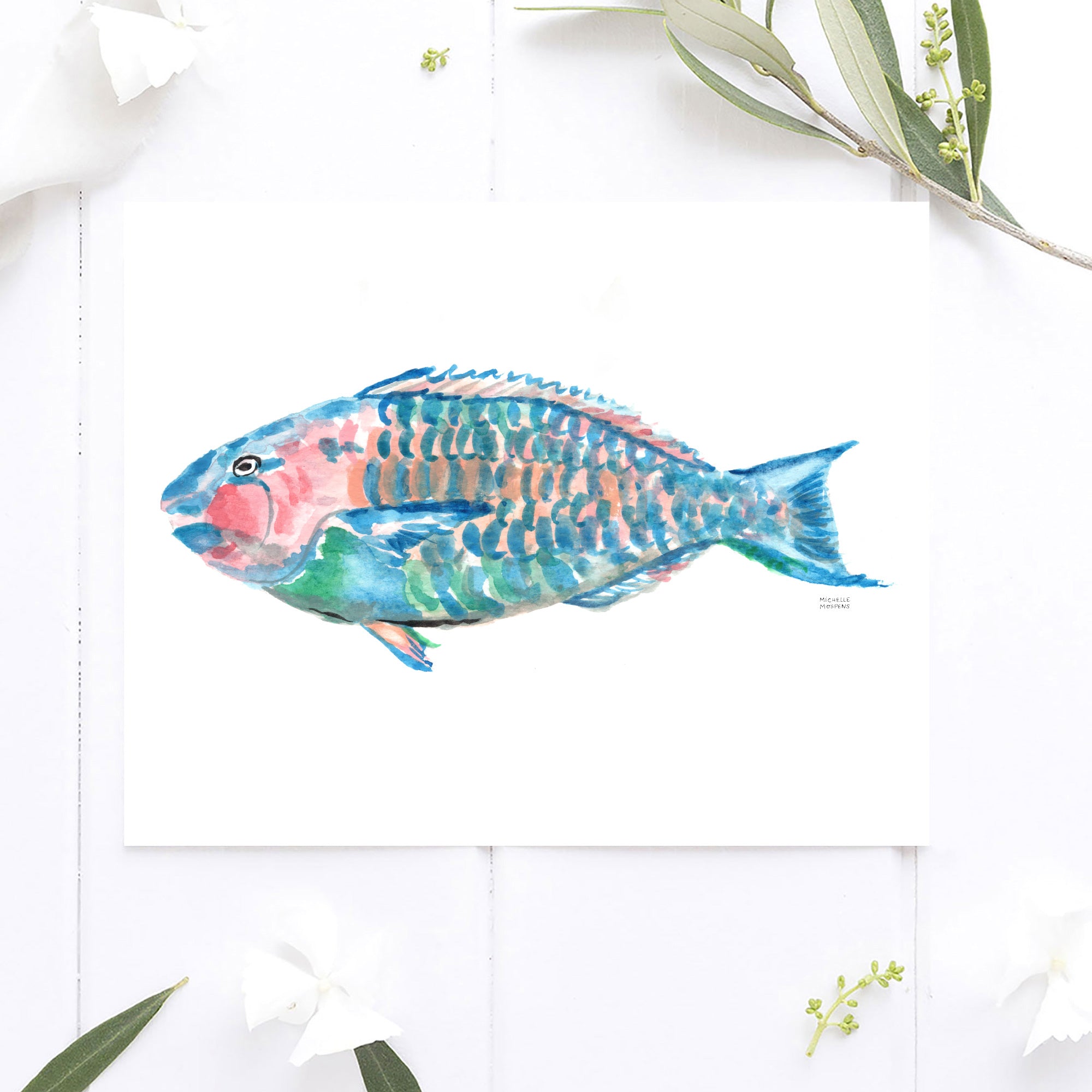 Fish Wall Art Print Watercolor Parrotfish