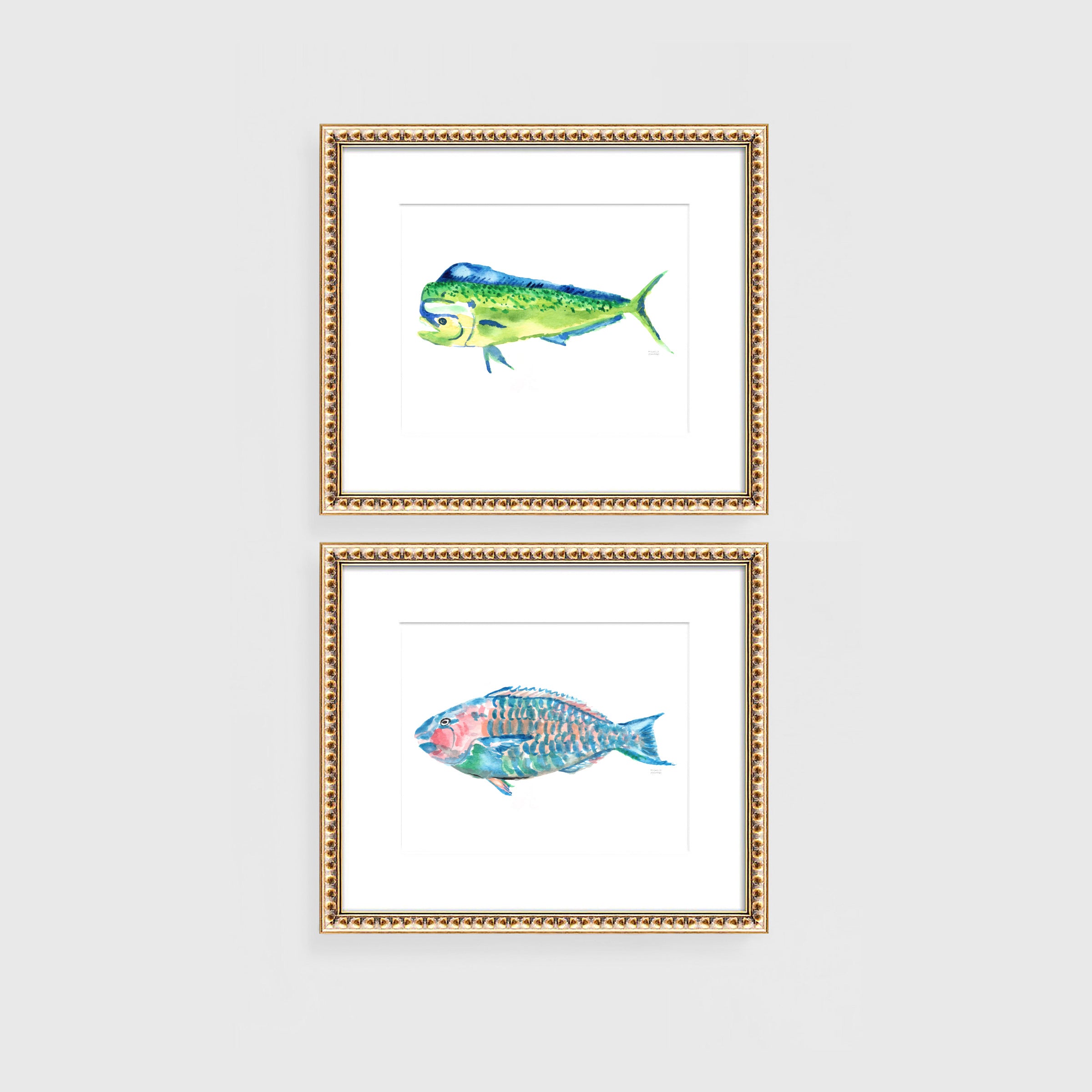 Fish Art Prints Set of 2 Fisherman Nautical Decor with Watercolor Mahi Mahi Fish and Parrotfish