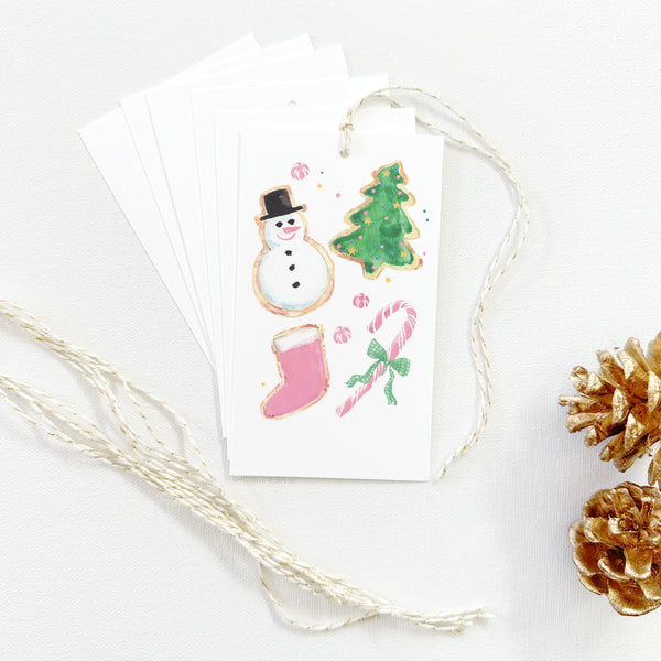 Set of Illustrated Christmas Gift Tags: Pink Christmas Cookies Holiday Gift Tags