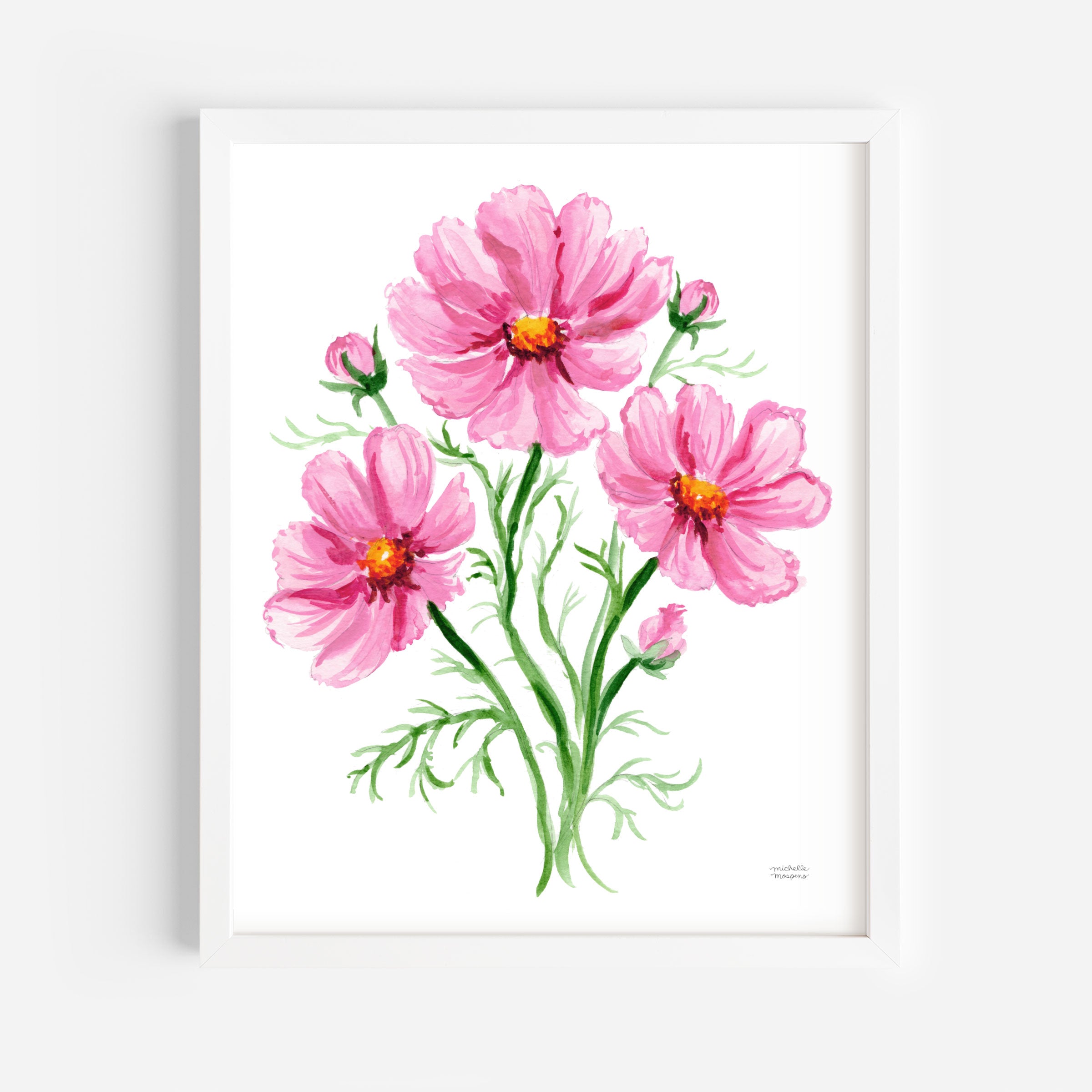 This pink cosmos botanical art print depicts an artful posy of blooms in Michelle Mospens' signature watercolor style. A charming illustrated floral wall art that brings a burst of cheer and romance to your home. Display this floral watercolor artwork on its own or artfully mixed amongst other whimsical art. Perfect for gardeners or the floral-loving host.