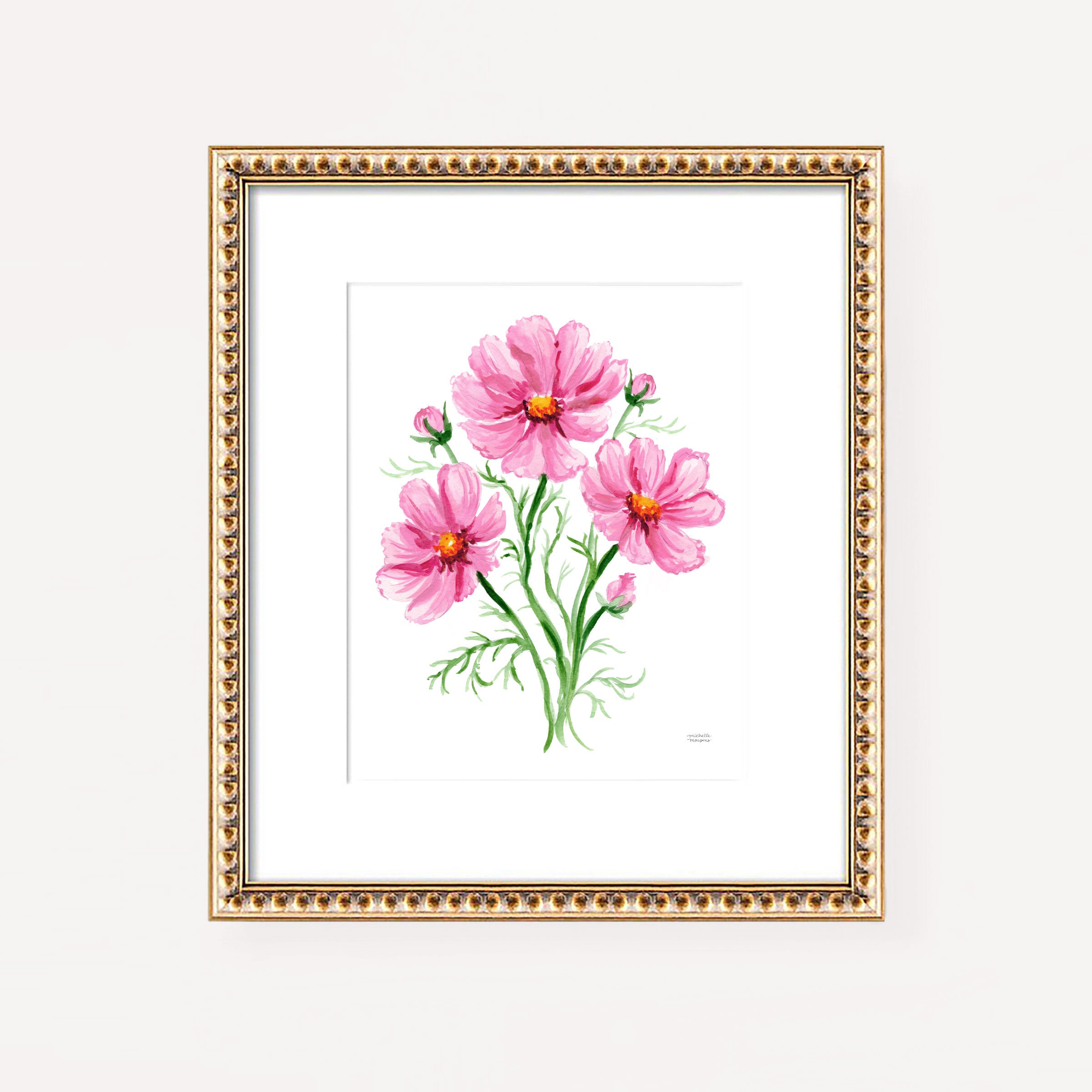 This pink cosmos botanical art print depicts an artful posy of blooms in Michelle Mospens' signature watercolor style. A charming illustrated floral wall art that brings a burst of cheer and romance to your home. Display this floral watercolor artwork on its own or artfully mixed amongst other whimsical art. Perfect for gardeners or the floral-loving host.